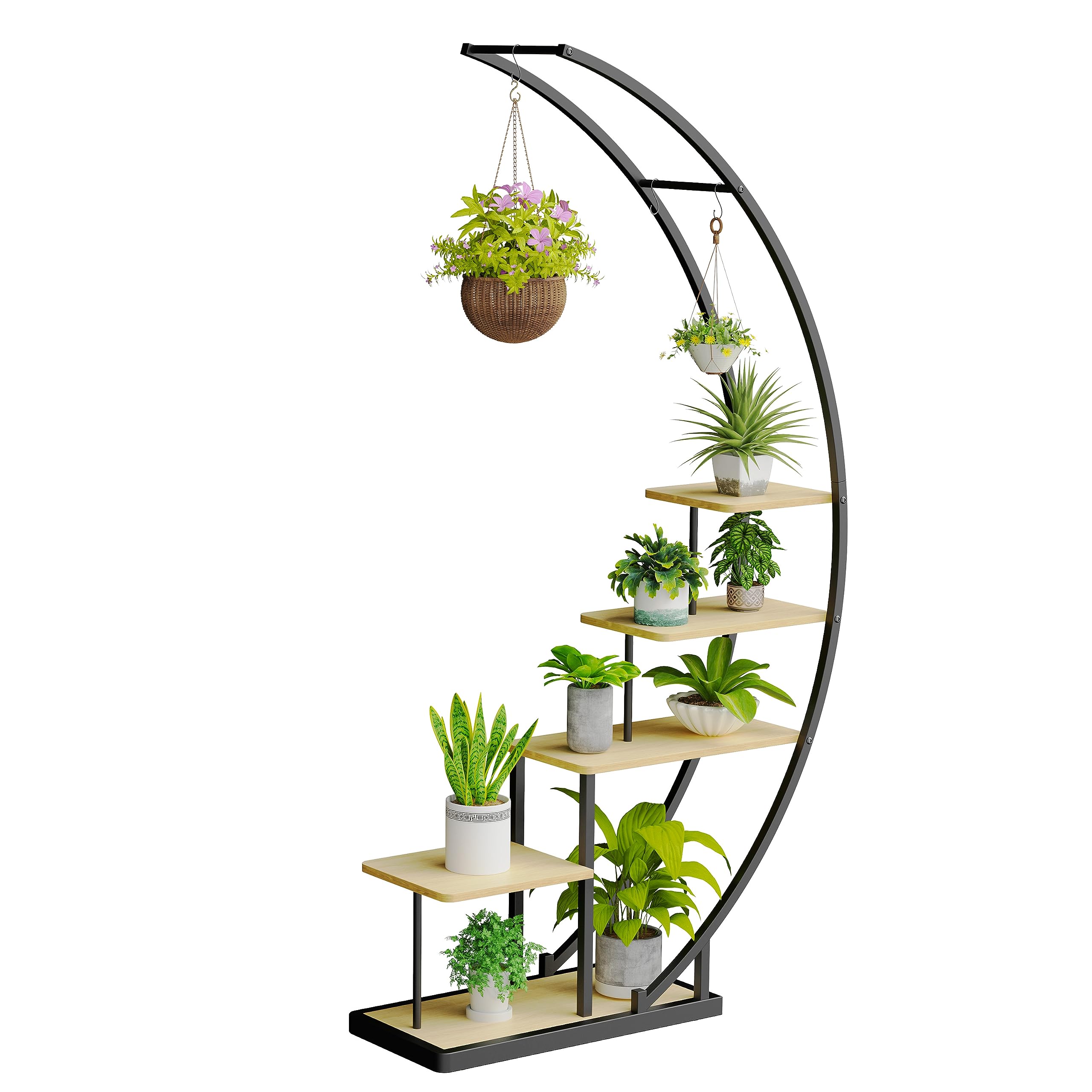 Ribelli Supporto per piante in metallo a 5 livelli, a forma di mezzaluna, 172 cm, con 5 ripiani e ganci, per piante, con protezione antiribaltamento, per balcone, soggiorno, terrazza (1 pezzo,