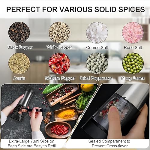 Miniatura 2 de TGLS - Molinillo eléctrico de sal y pimienta 2 en 1, molinillo de sal y pimienta real, molinillo de sal eléctrico a batería, molinillo de sal