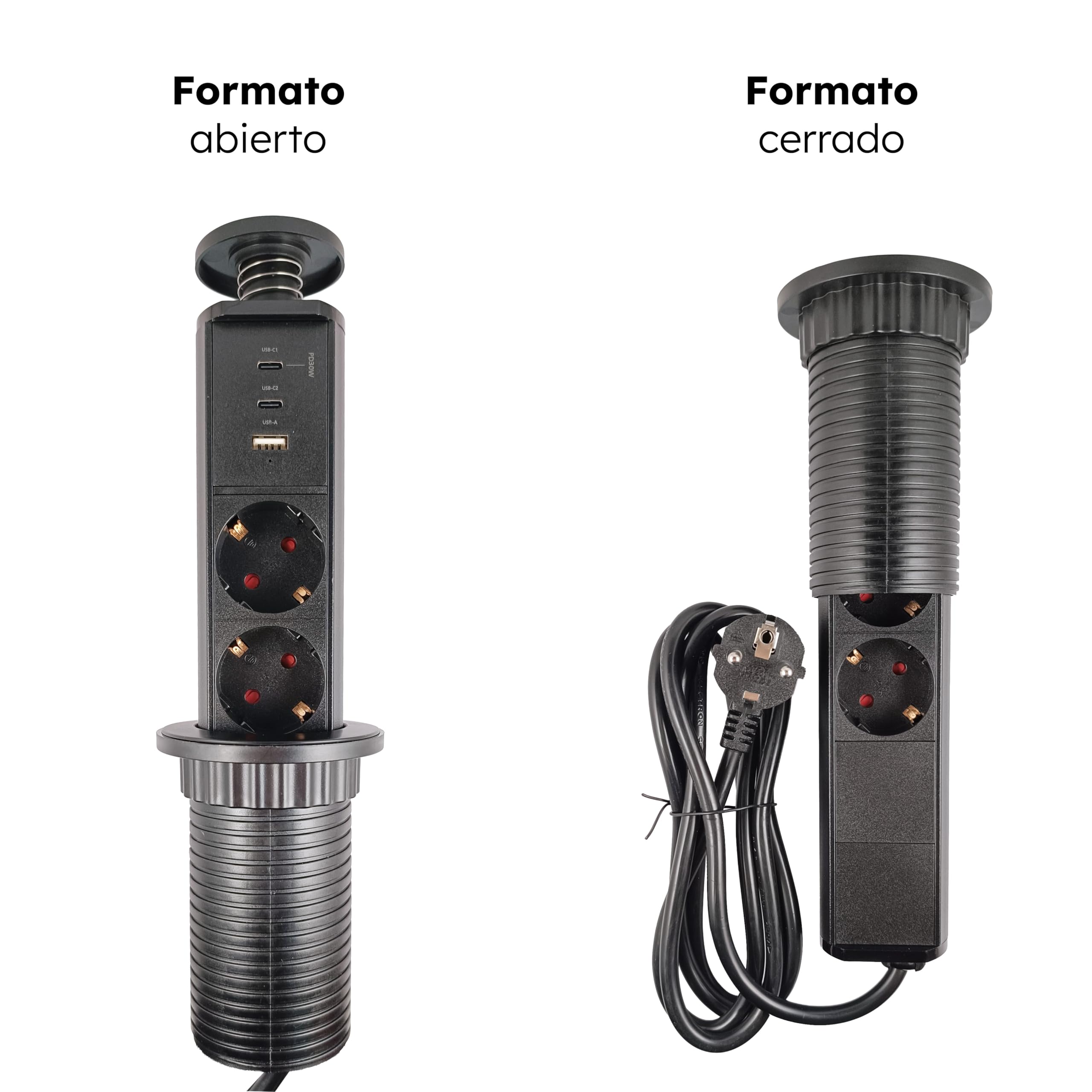Torre de Enchufes Empotrable 35 cm | 2 Enchufes Tipo C + USB | Negro | Cable 1,8 m | Regleta Empotrable para Mesa, Cocina y Escritorio