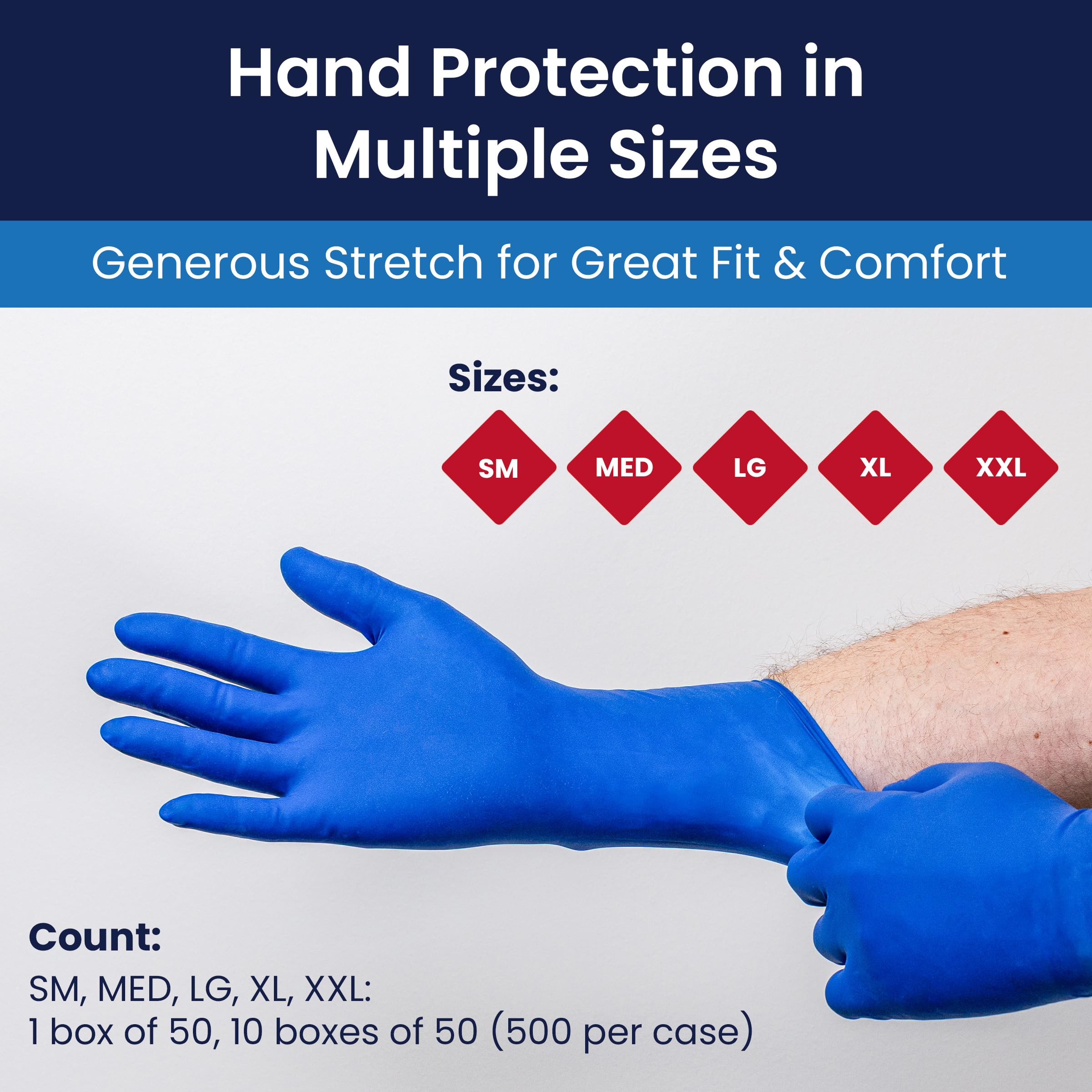 Adenna HERO Disposable Latex Gloves - 14 Mil, NFPA-Approved Heavy Duty Glove with 12" Extended Cuff & Micro-Textured Grip, Exam Grade, Powder Free, Pack of 50, X-Large, Blue