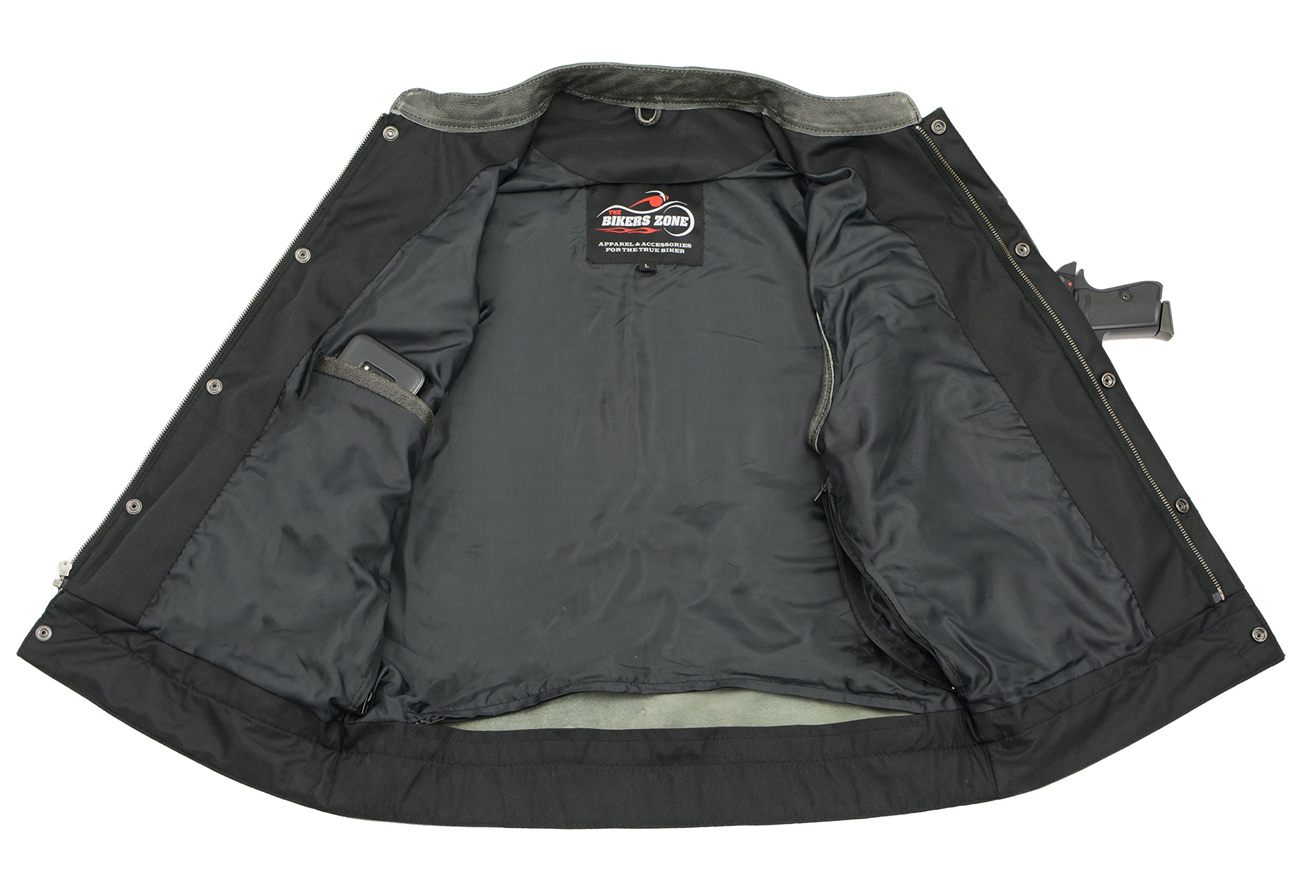 Men’s Leather Club Style Vest | Premium Natural Buffalo Leather | Patch Access Lining | Concealed Gun Pocket, Collarless Biker Vest (Black, 2X)