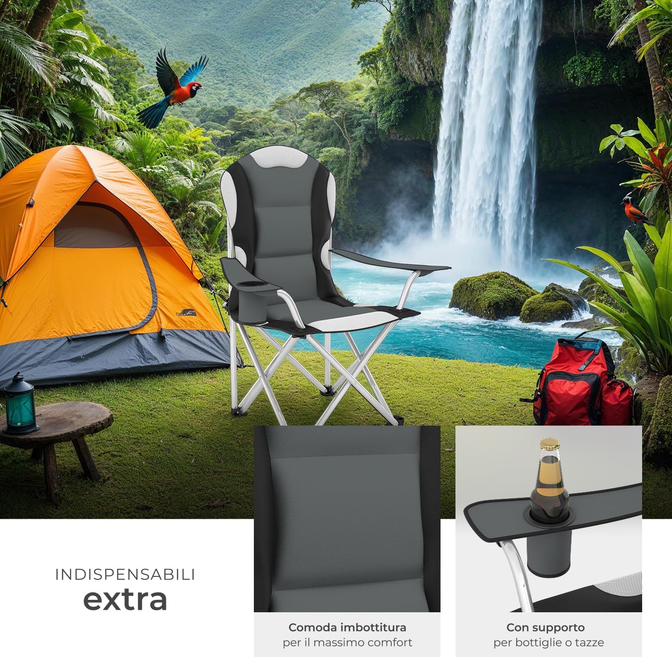 tectake® 2 Sedie da Campeggio Pieghevole, Comoda Imbottitura, Sedie Relax con Tessuto a Rete per Ventilazione, Bracciolo con Porta Bevande Incorporato, Pratica Borsa Inclusa - Grigio