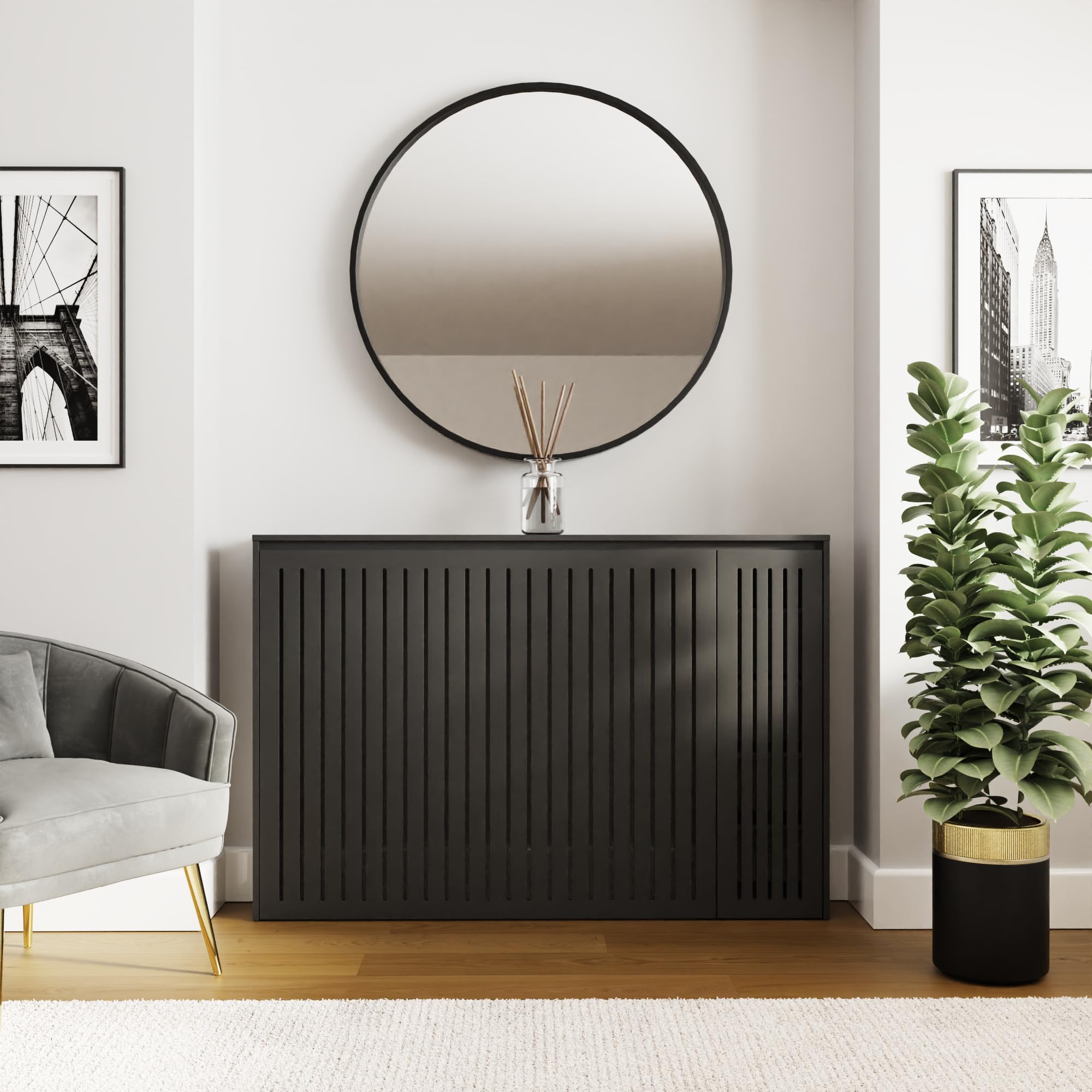 GFW Cooper Radiator Cover with Storage Shelves, Modern Slatted Radiator Cabinet in Black
