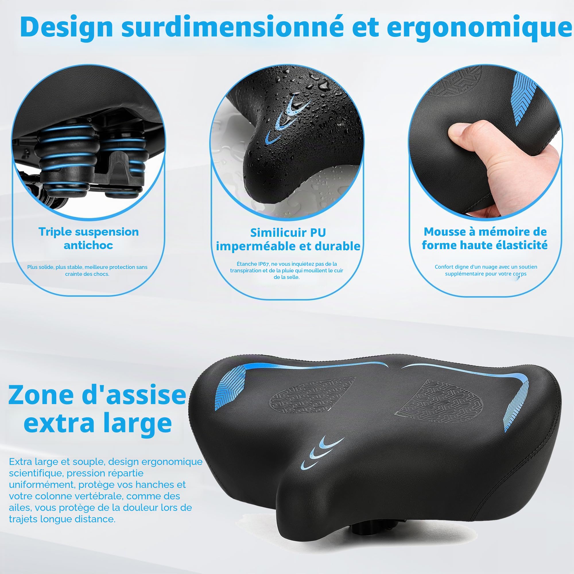 CDYWD Selle de Velo Ultra Confortable Homme et Femme - Extra Large, avec Suspension, Ergonomique Coussin d'ailes Selle Bike Life - Selle Confort Velo pour VTT, Vélo De Ville, Ebike, Vélo Stationnaire