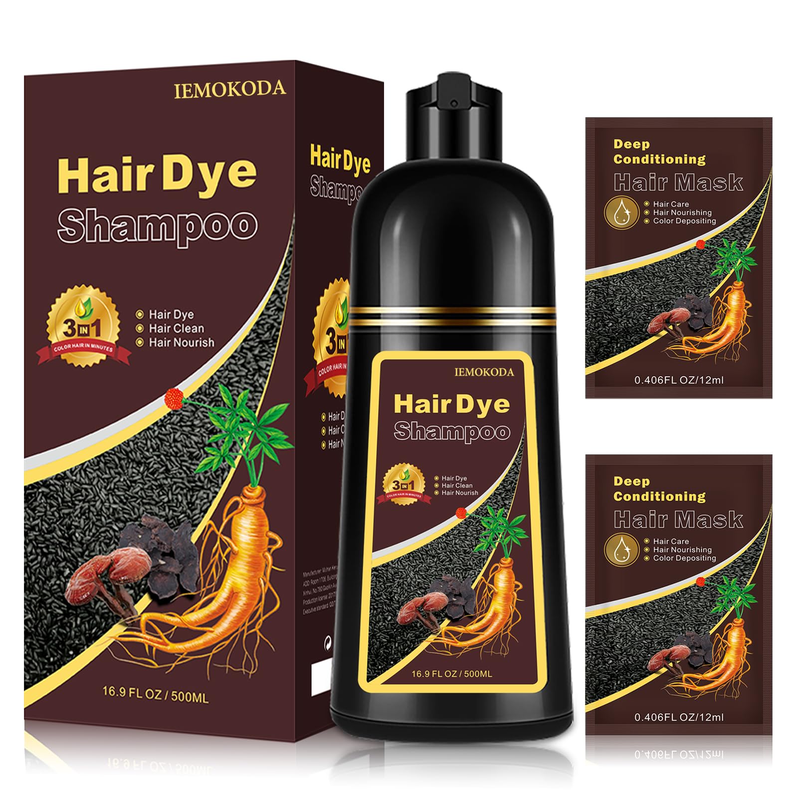 Black Hair Dye Shampoo 3 in 1 for Gray Hair Coverage, Long-lasting Hair Color Shampoo Easy At-Home Use, Safe and Gentle Formula for All Hair Types 16.9 Fl Oz (Black)
