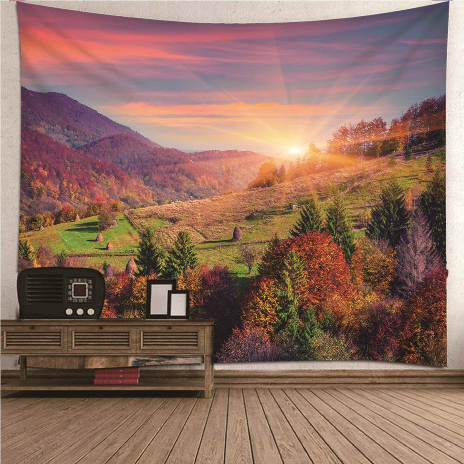 KnSam Dywan na ścianę, gobelin, ozdoba na ścianę, do salonu, dekoracja domu z poliestru, zachód słońca nad lasem górskim kolorowy 350 x 256 cm