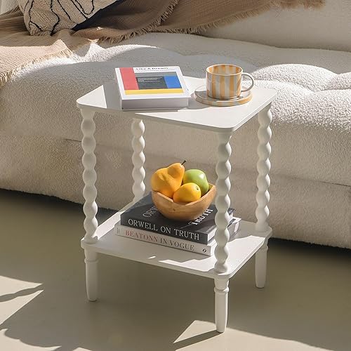 Miniatura 2 de Mesa auxiliar blanca, mesa auxiliar pequeña con estante de almacenamiento, mesita de noche moderna de 2 niveles para dormitorio, sala de estar,