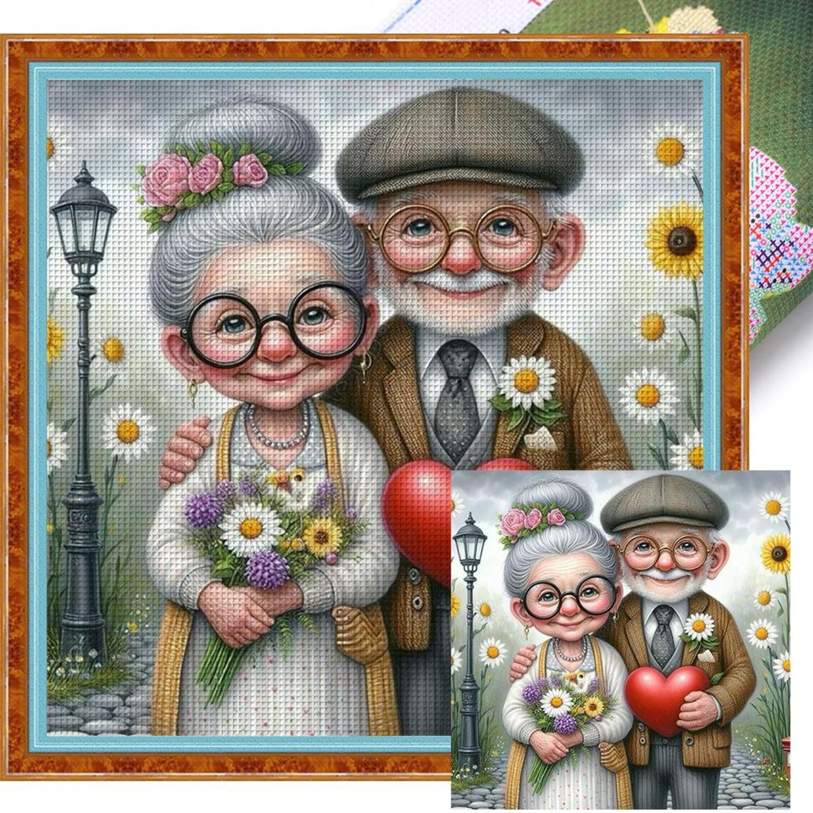 Old Couple Printed Cross Stitch Kit for Adults Kids Beginners 40x40cm DIY 11CT Thread Art Needlework,Printed Patterns Dimensions Needlepoint Art Crafts for Home Wall Decor