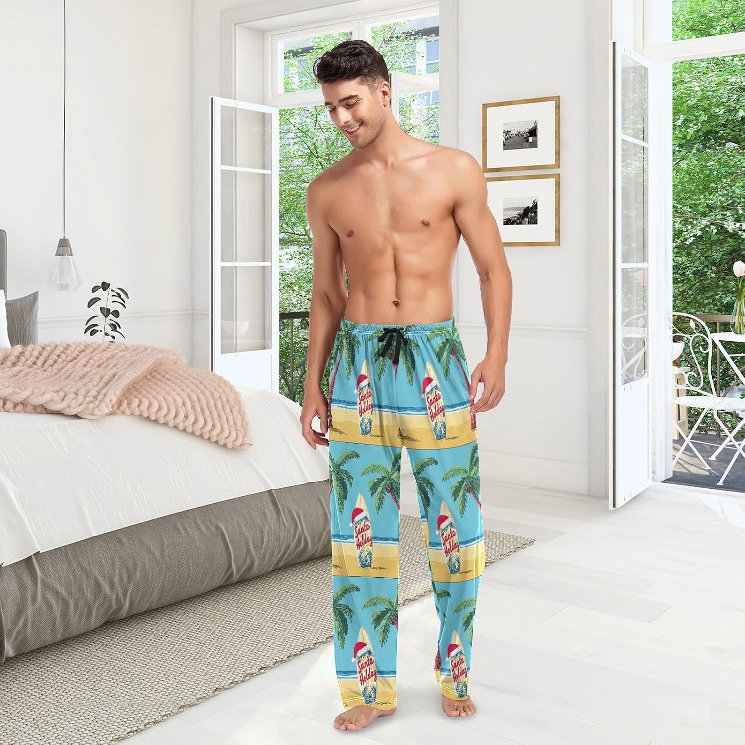 Christmas Winter Men's Pajama Pants Christmas Palm Tree Tropical Leaf Beach Super Soft Lounge Pajama Bottoms with Pockets,L - Image 3