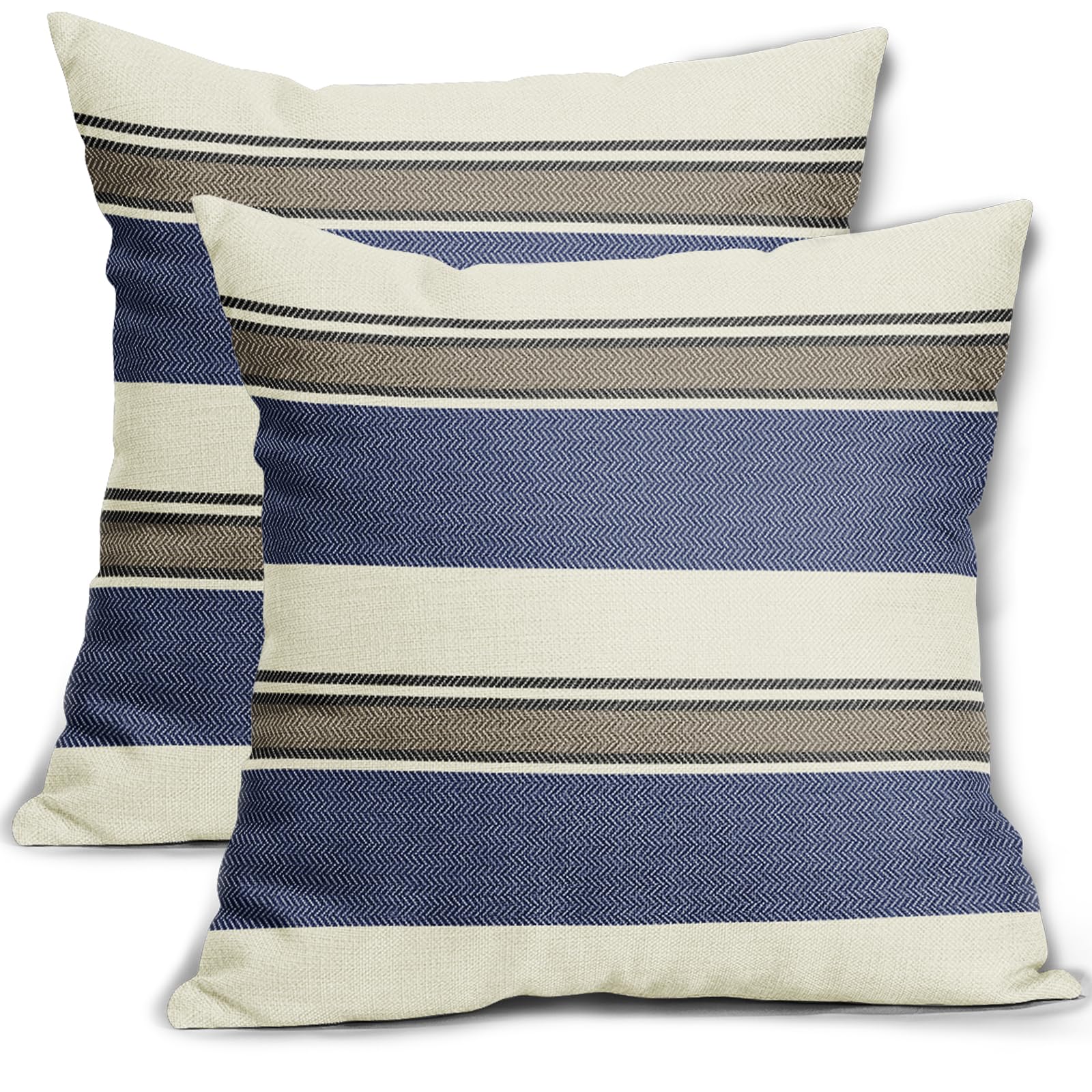 Aytipun Navy Blue Striped Pillow Covers 16x16 Set of 2 Modern Blue Brown Boho Stripe Pattern Cream Print Decorative Outdoor Pillowcases Farmhouse