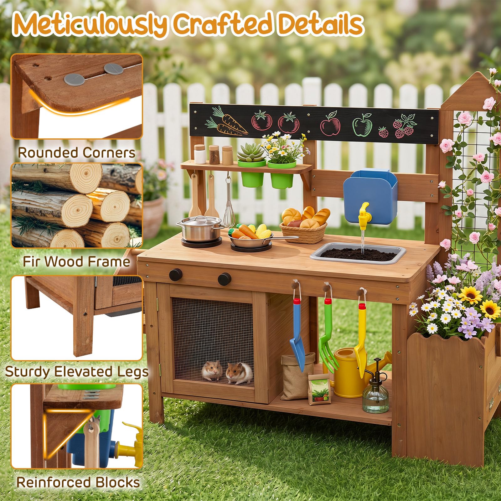 HOMASIS Cucina Giocattolo da Esterno per Bambini 3+ Anni, Cucinetta in Legno Massello con Gabbia, Vano Allevamento, Fioriera, Lavagna, Contenitore e Accessori, Chef Gioco Montessori per Sabbia e Acqua