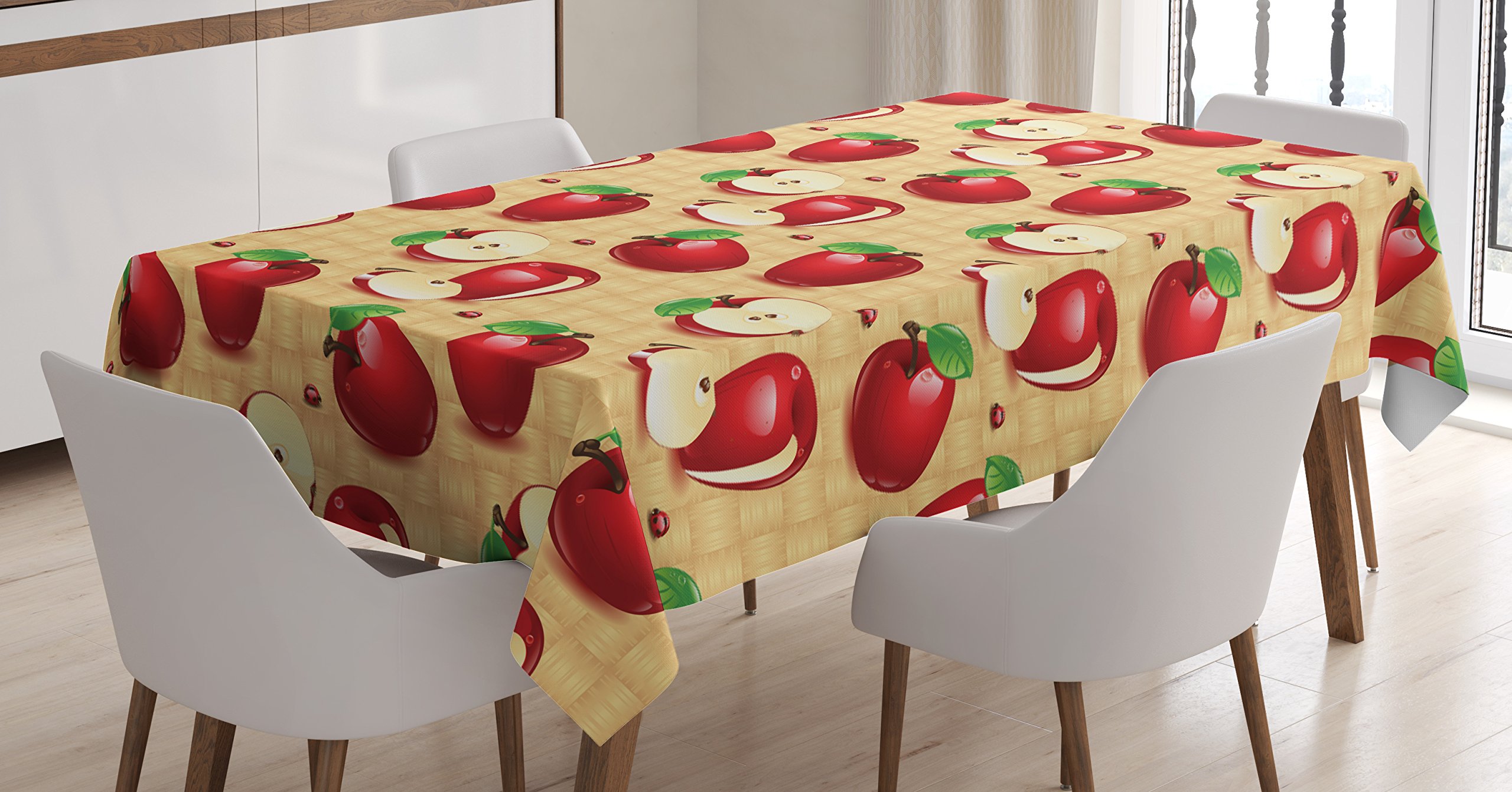 Lunarable Fruits Tablecloth, Red Apples Whole and Sliced on Wicker Natural Woods Illustration, Rectangular Table Cover for Dining Room Kitchen Decor, 60