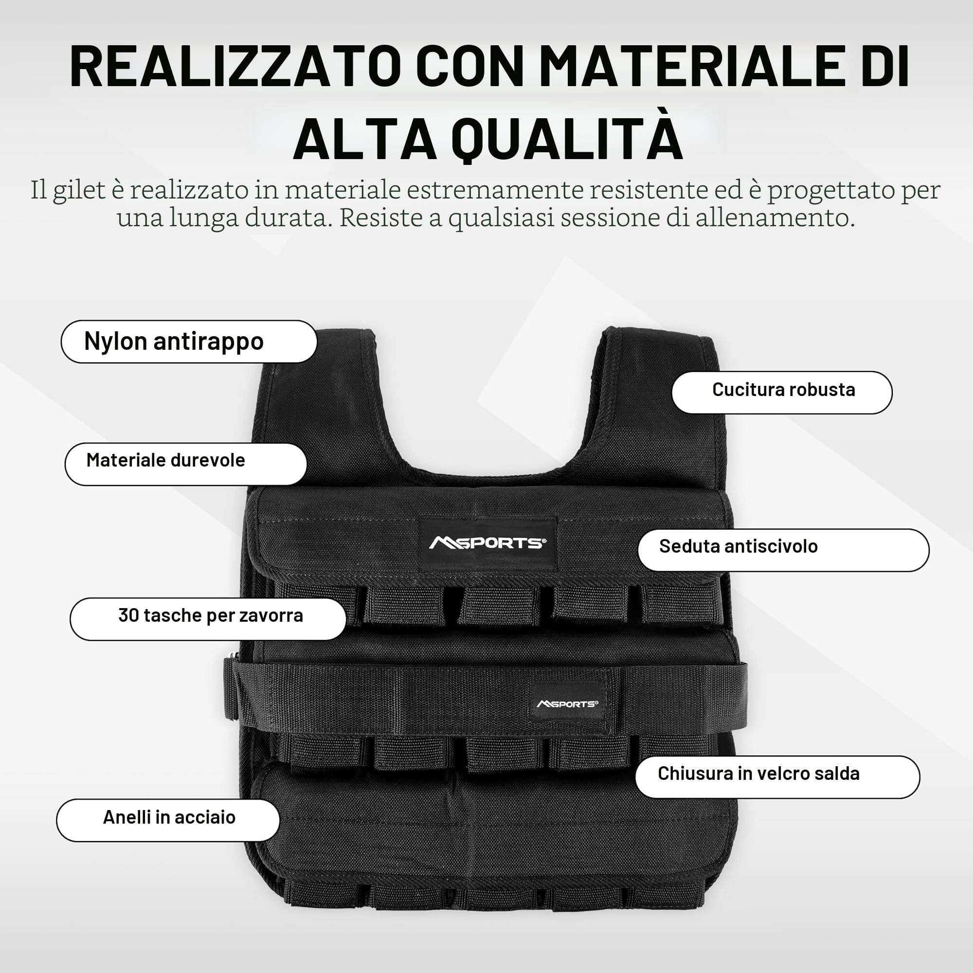 MSPORTS Gilet pesi premium regolabile da 5 kg – 30 kg di peso per allenamento della forza