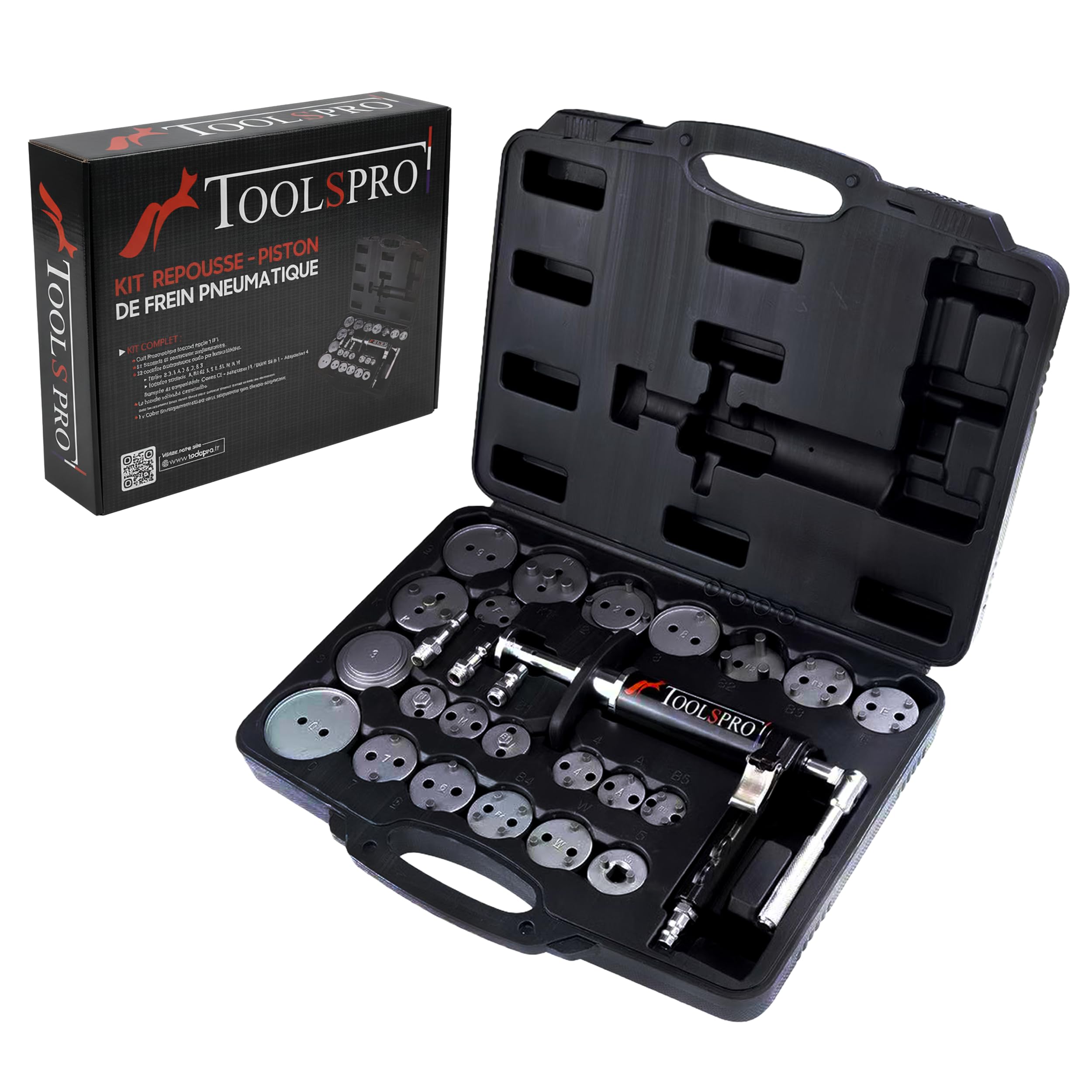 Repousse Piston de Frein Pneumatique - Rotation Gauche & Droite - 27 Pièces Coffret Professionnel Multimarque - Outillage Mecanique Auto - Marque Française