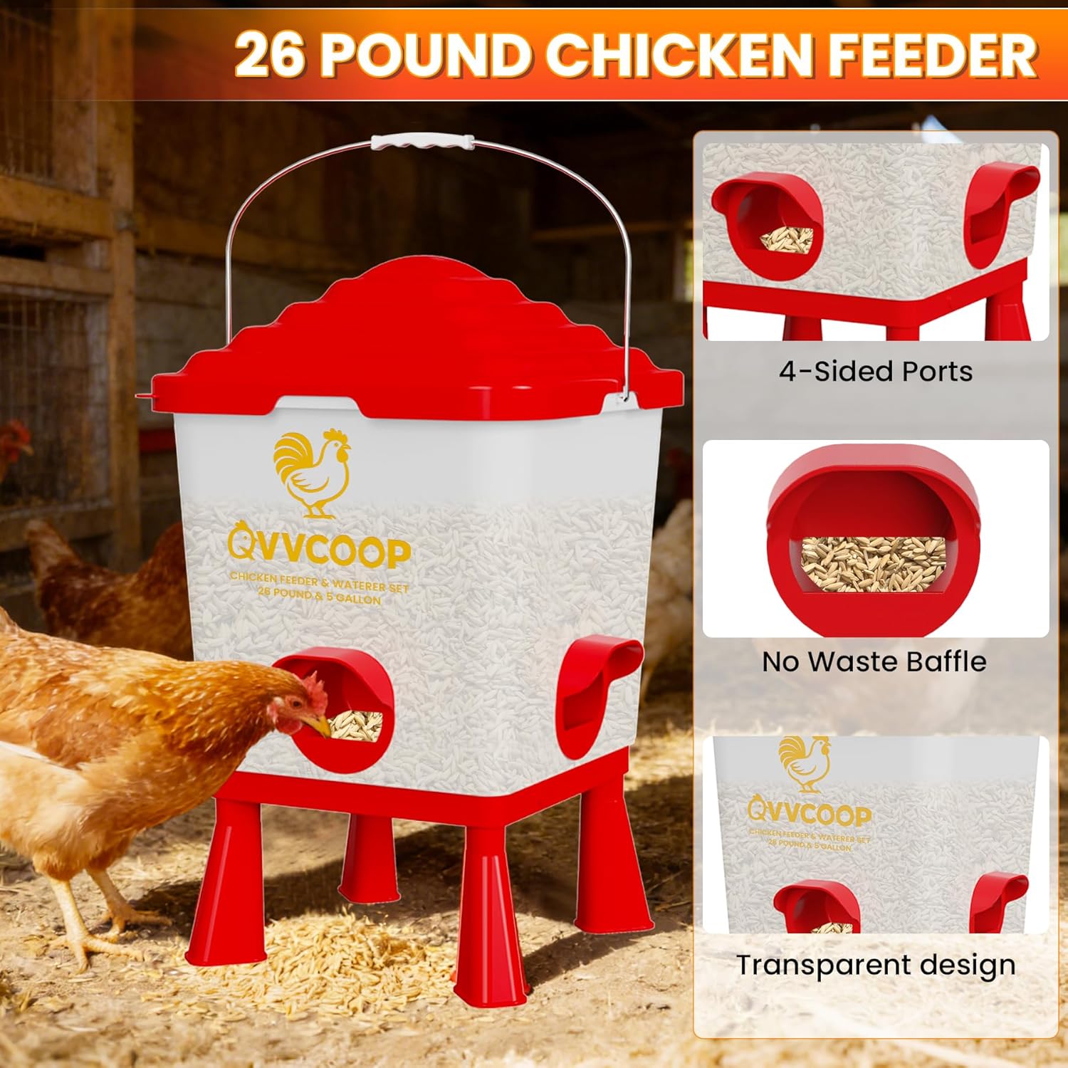 Automatic Chicken Feeder and Waterer Set, 5 Gallon Poultry Feeding & Watering Supplies, Elevated Water Dispenser for Chicken, Large Capacity, Red, Classic