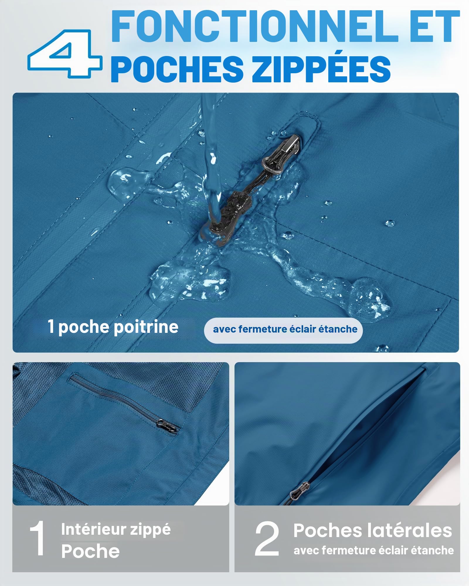 33,000ft Veste de pluie Femmes, imperméable imperméable léger avec manteau respirant emballable à capuche idéal pour la course à pied et à la randonnée(Bleu profond-DE44/FR46)