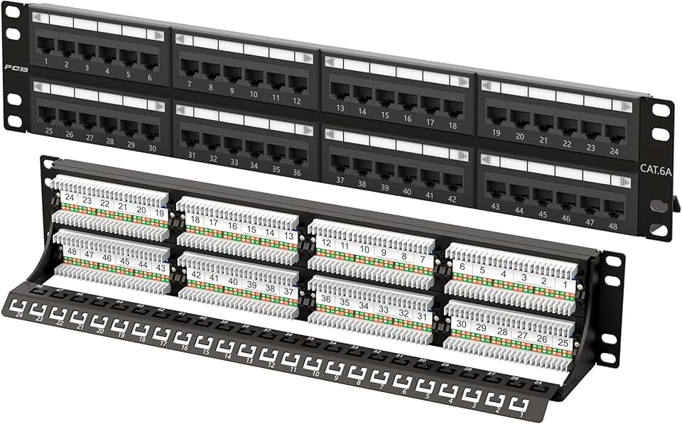 FGB Patch Panel Cat6A de 10 Gbps, Patch Panel Ethernet RJ45 de 48 portas para montagem em rack de 19 polegadas ou montagem na parede, painel de rede 2U para redes Gigabit