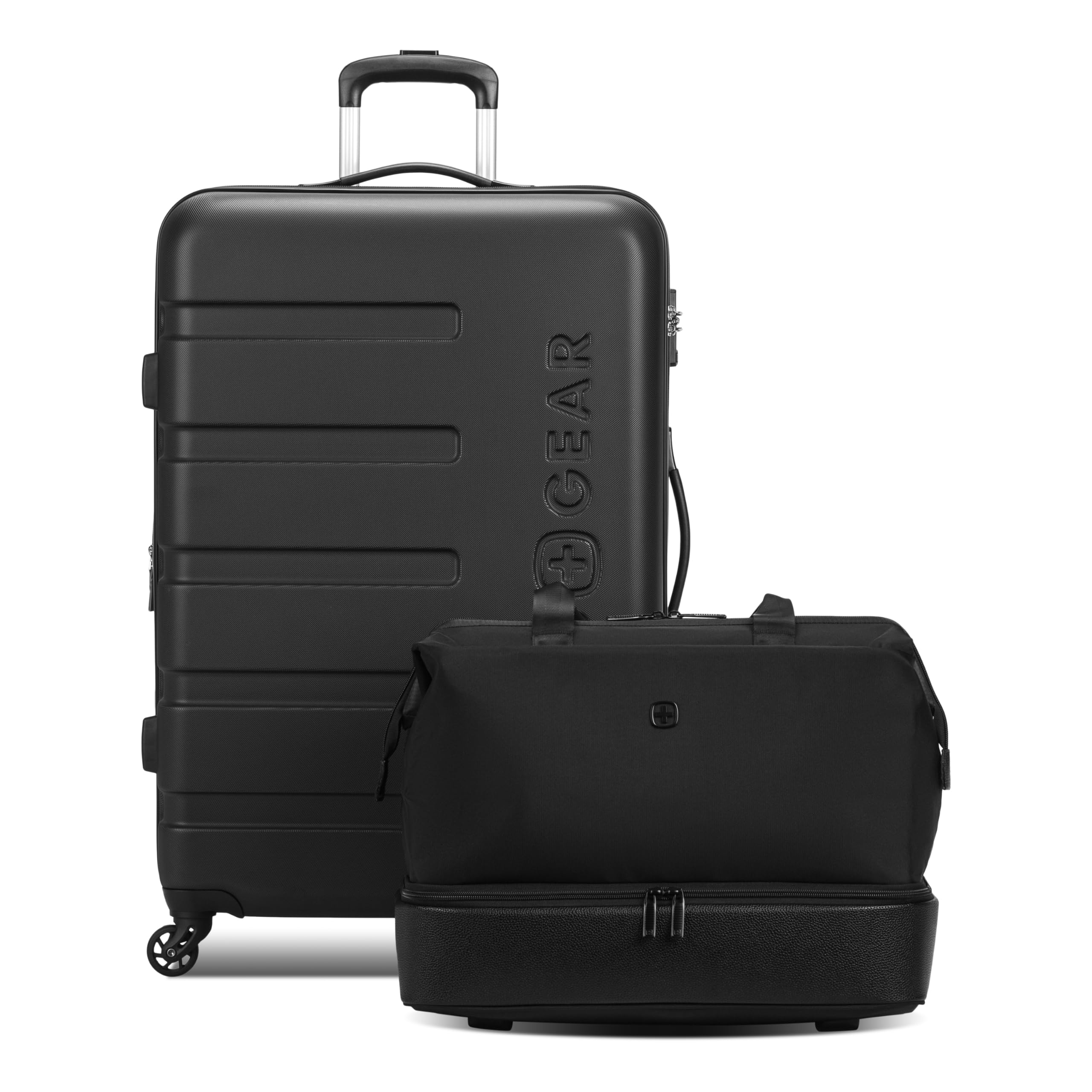 SWISSGEAR Signature Large Hardside Expandable Spinner Luggage &amp; Weekender Tote Set, ABS Construction, TSA-Friendly Lock, Black, 2-Piece Set (27-Inch/Weekender Tote)