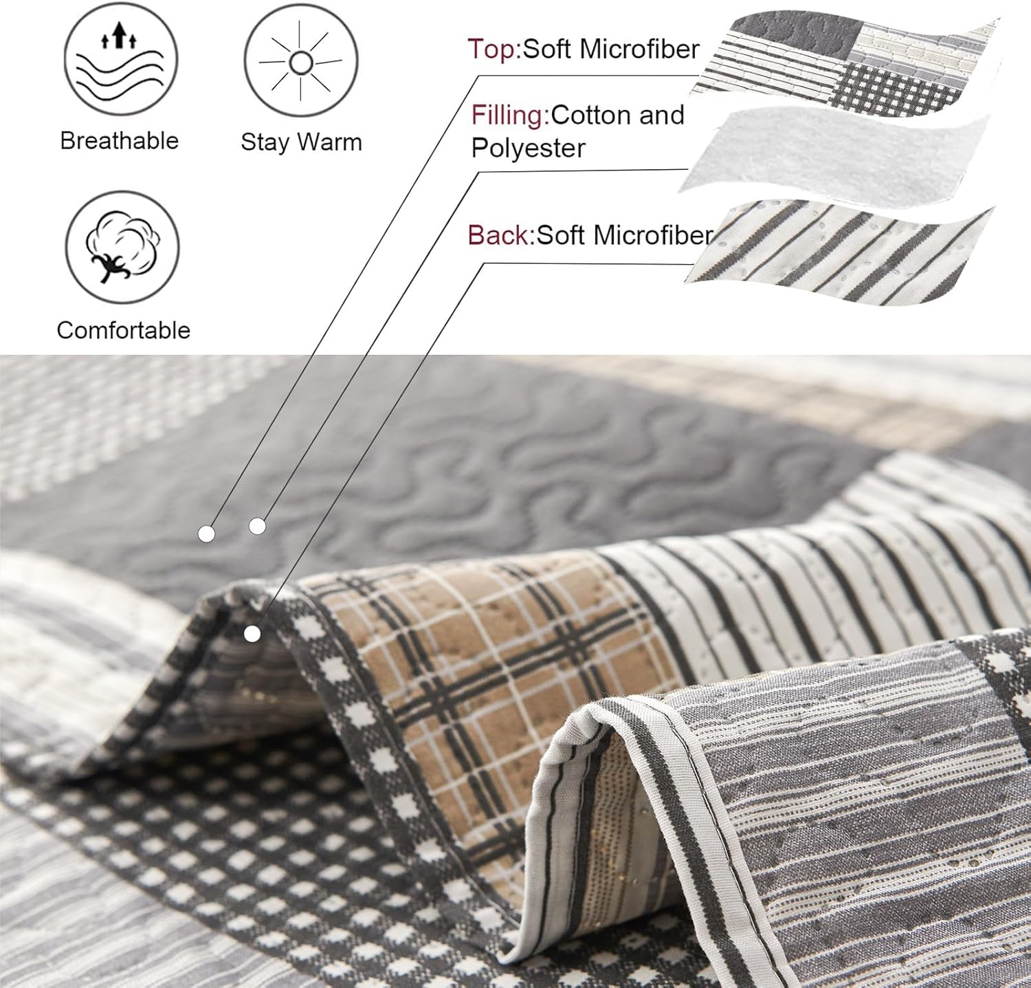 Plaid Quilt Set - Queen Size Bedspread & Coverlet - Brown White Plaid - Lightweight & Reversible - Soft Microfibers - All Season - Image 5