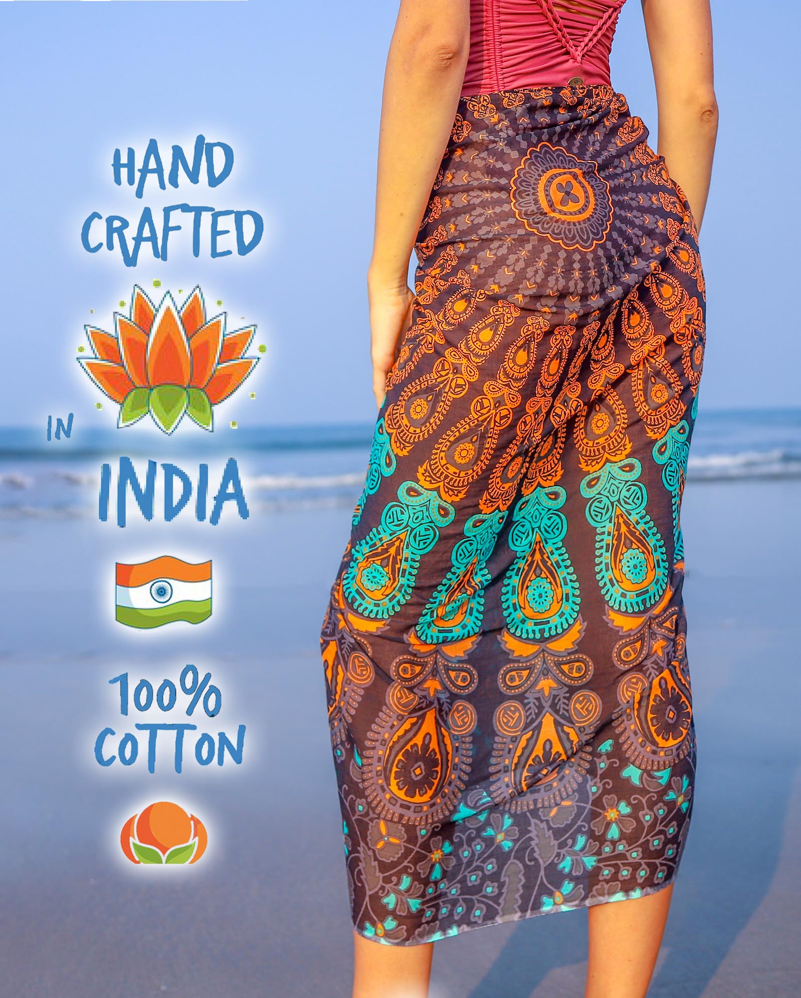 Pareo Sarong Mandala Bohème avec Pompons – Coton Ultra Doux et Léger, Grand Motif Paon Indien, Cache-Maillot Bikini