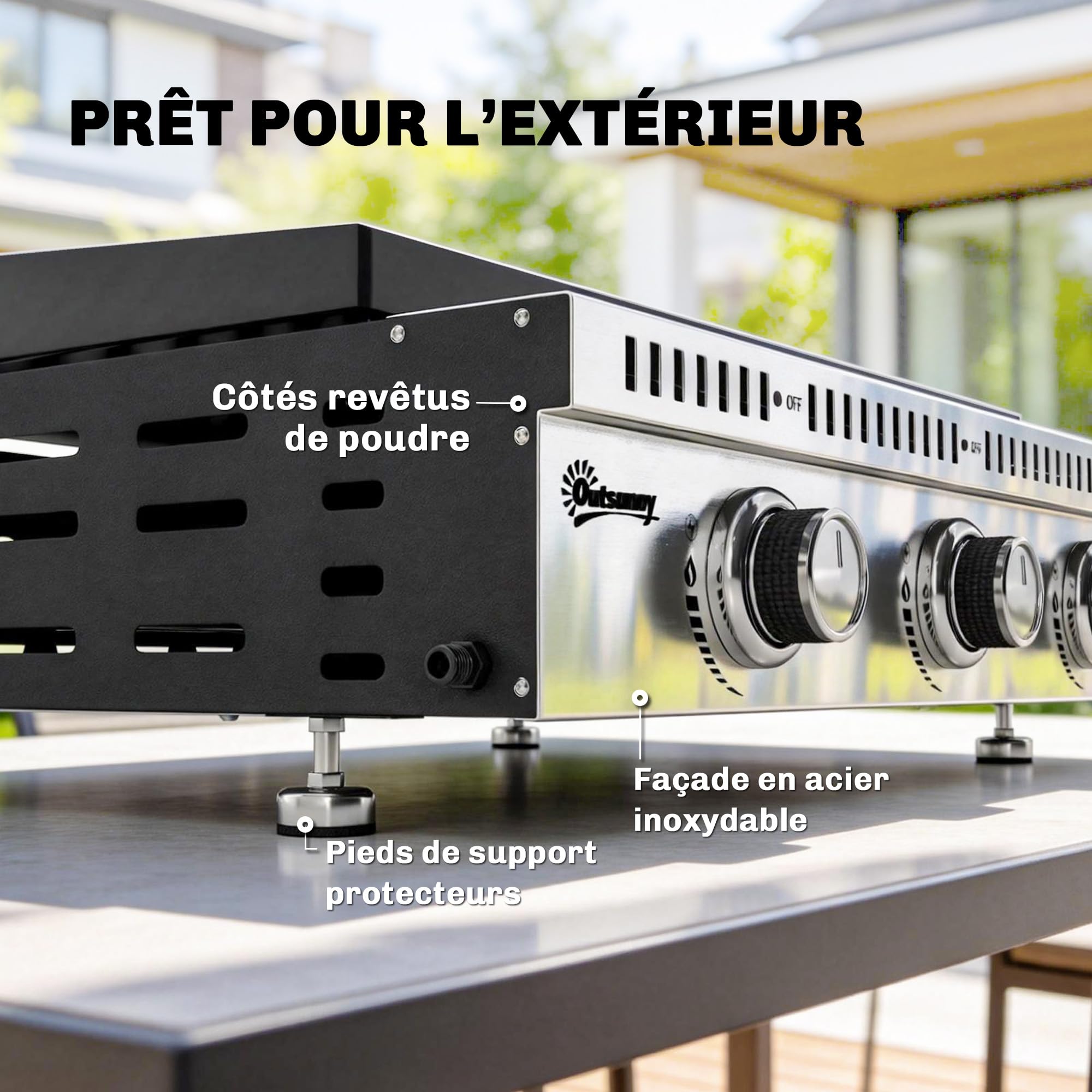Outsunny Plancha gaz 9 kW 3 brûleurs en acier inoxydable, surface cuisson 56,5 x 33 cm avec bac de récupération des graisses, propane/butane/GPL, portable pour camping, pique-nique et terrasse, noir