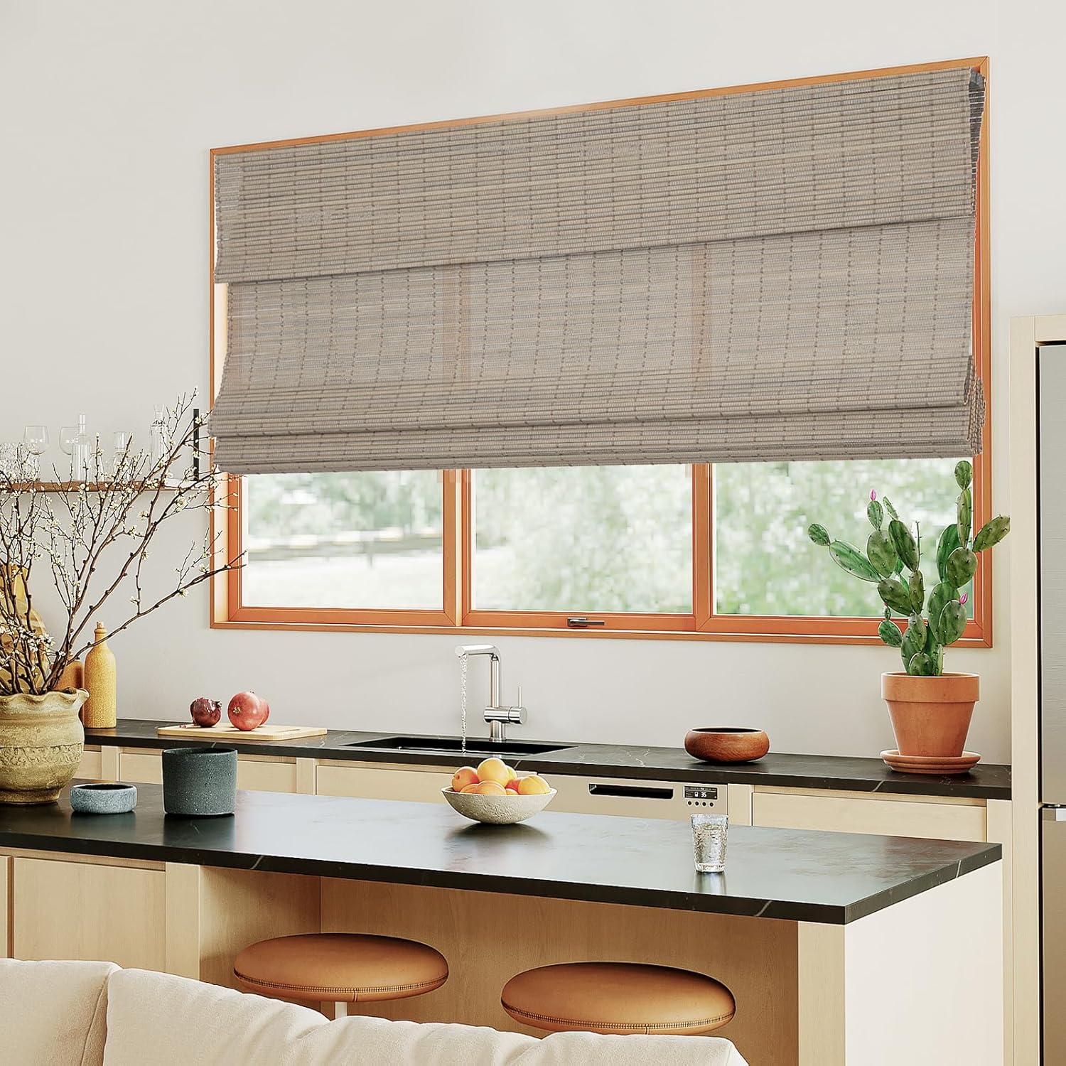 Cordless Blackout Bamboo Roman Shades, Easy Installation Natural Woven Wood Window Shades, Custom Room Darkening Lined Roll Up Bamboo Blinds for Windows,Doors,Office, Kitchen, Driftwood