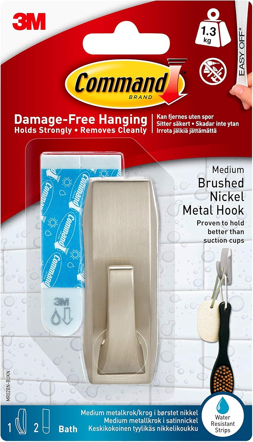 Command Bath Hook, Medium, Satin Nickel Metal Water Resistant 1