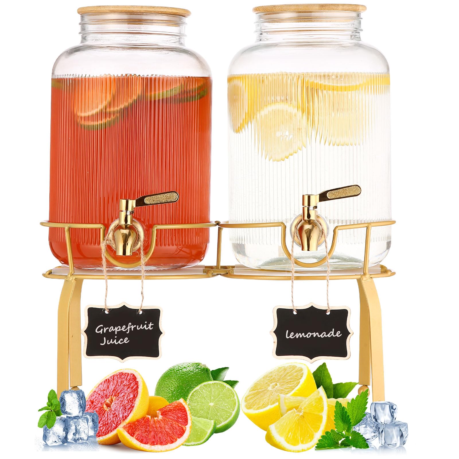 Getränkespender aus Glas mit Ständer, 2 Stück Getränkespender für Partys, Getränkespender mit Bambusdeckel und Edelstahl-Zapfhahn, auslaufsicher, Verwendung auf Sonnentee, Saft, Limonadenspender
