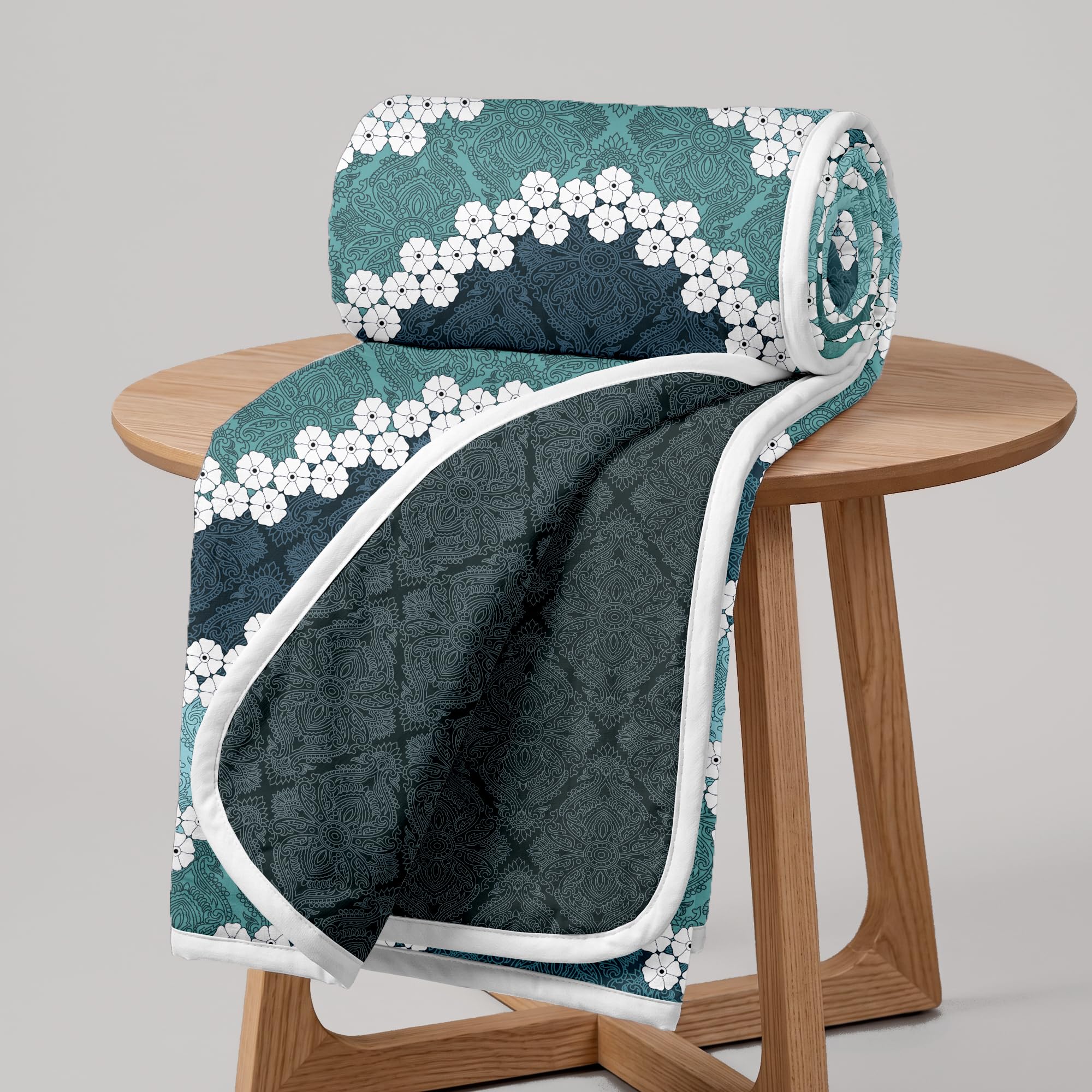 Divine Casa Single Bed Microfiber Dohar 120 GSM |Floral Printed Lightweight Blanket | Aqua Green & White | 210 x 140 cm