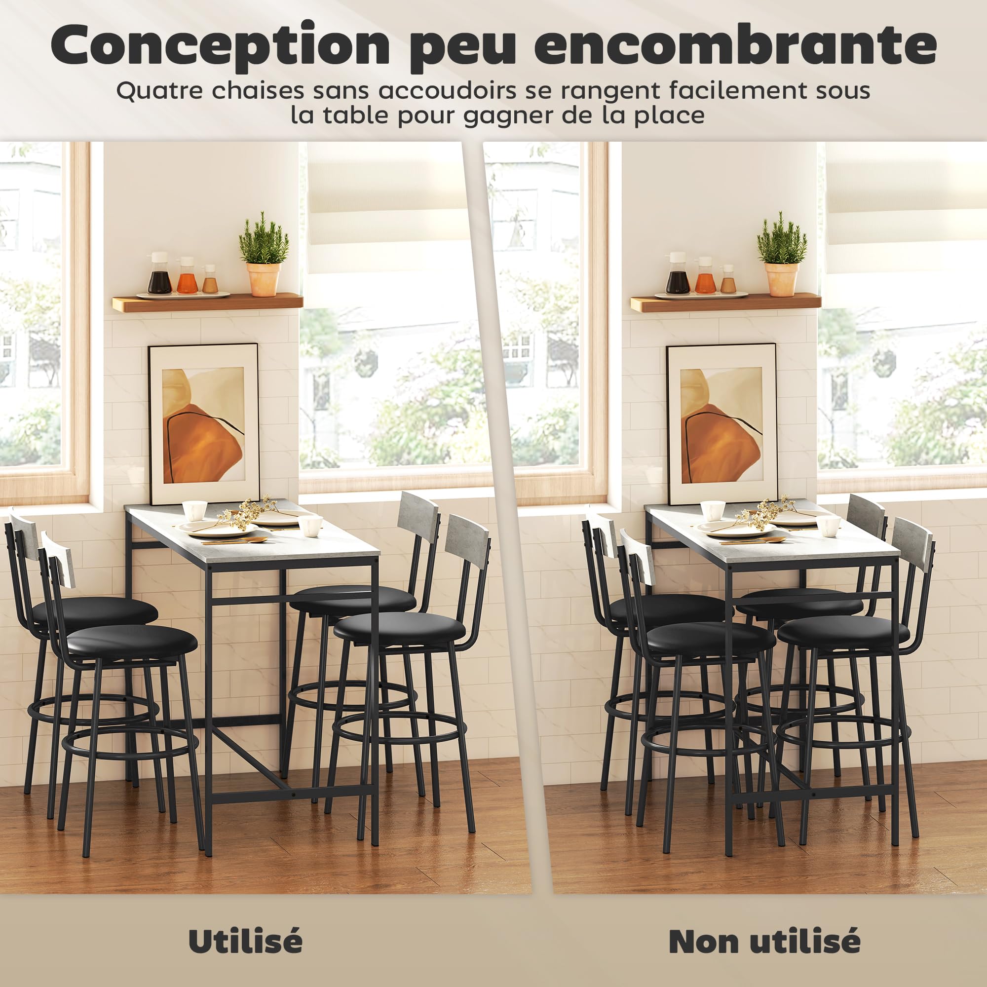 HOMCOM Ensemble table de bar avec tabourets, table haute bar et 4 tabourets, table à manger haute avec chaises, repose-pieds, structure en acier, style industriel, pour salle à manger et cuisine, gris