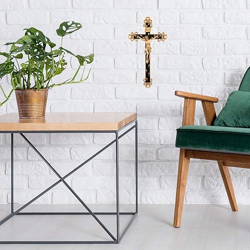 Miniatura 4 de Crucifijo de pared epoxi marrón dorado con detalles florales dorados, decoración religiosa del hogar, 10 pulgadas