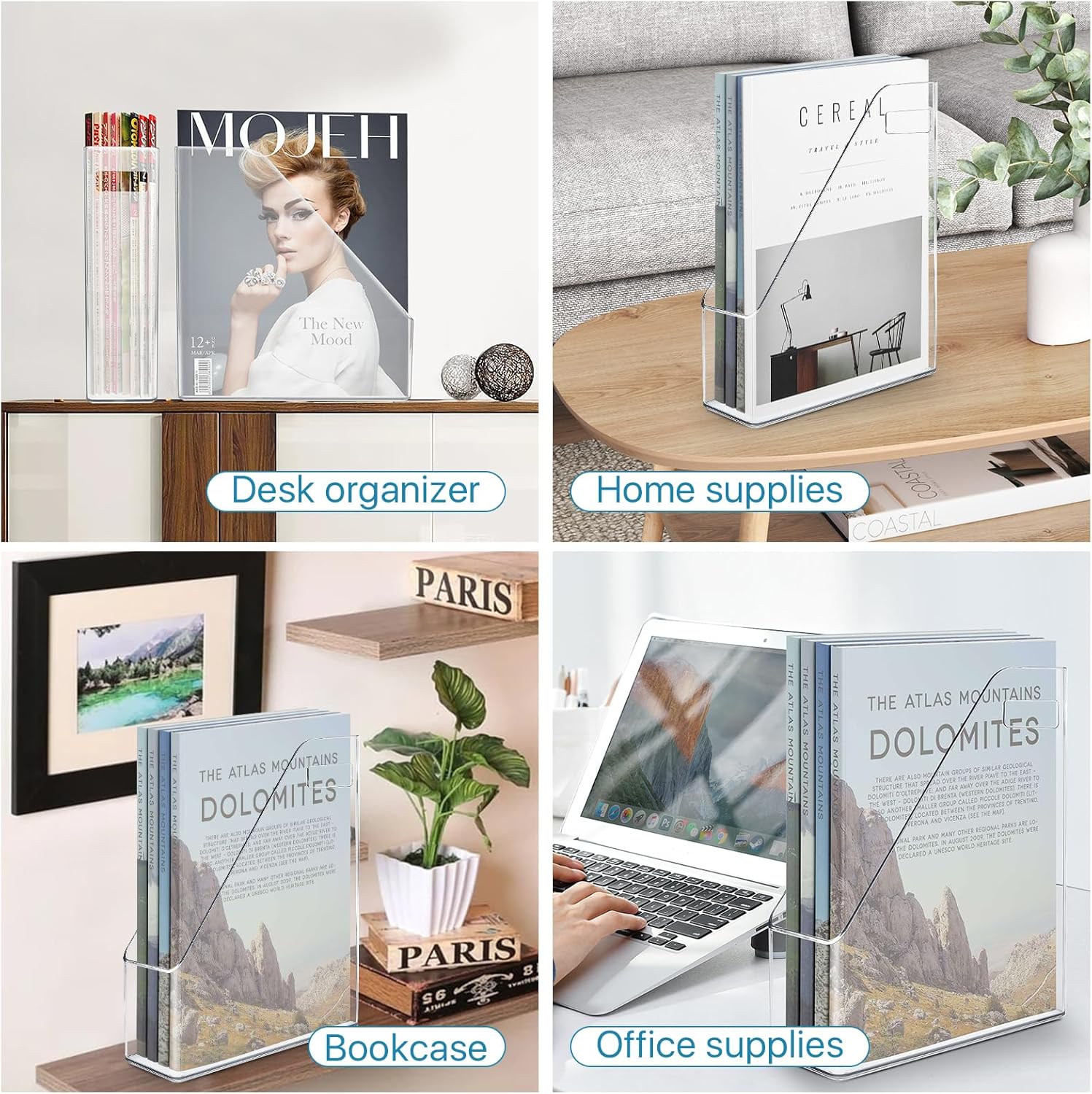 2 Pack Acrylic Magazine File Holder, Clear A4 Vertical File Organizer with Handle, Desk Organizer Magazine Document Rack, Slim Vertical Folder Bin for Home Office School Supplies
