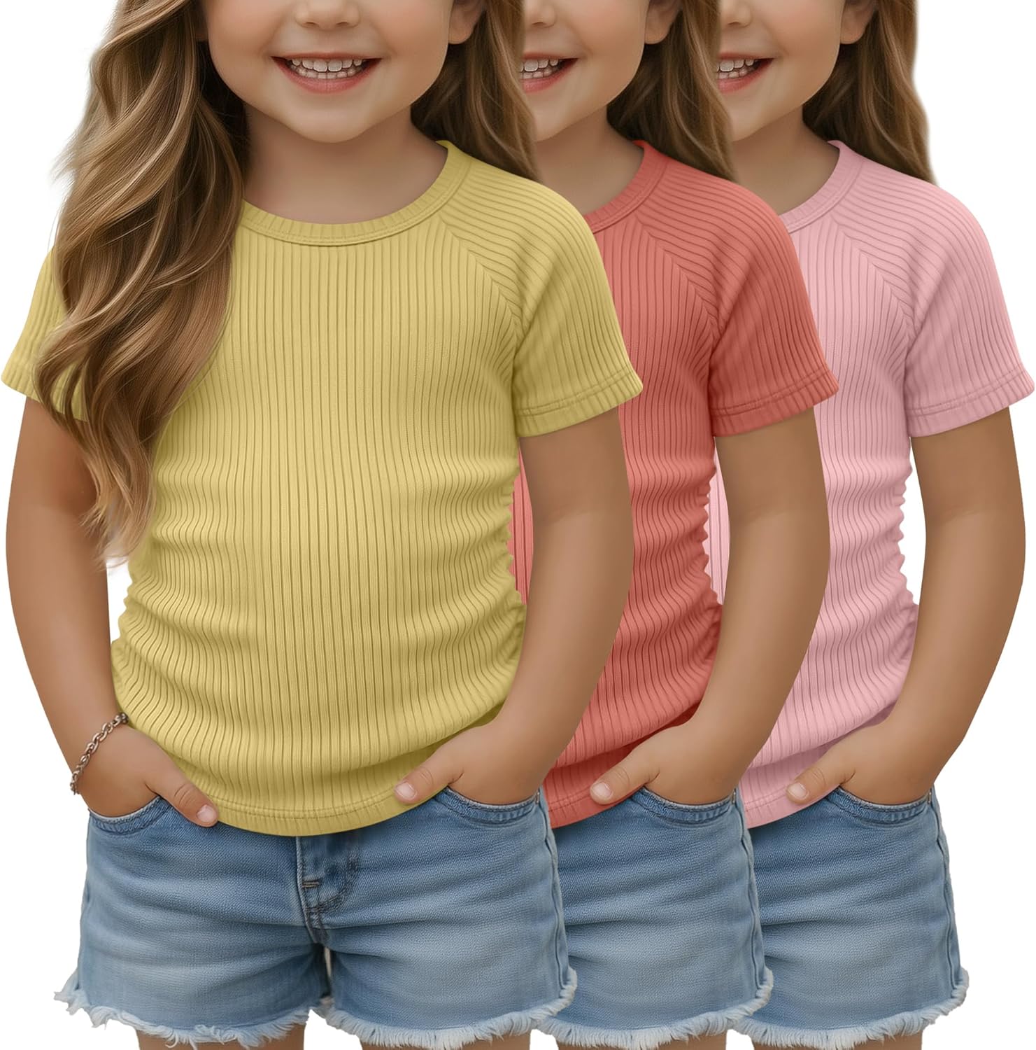 3 Pcs Toddler Girl Short Sleeve Shirts Infant Girls Ribbed T-Shirt Kids Side Ruched Tops Slim Fit Tee Size 18M-5T