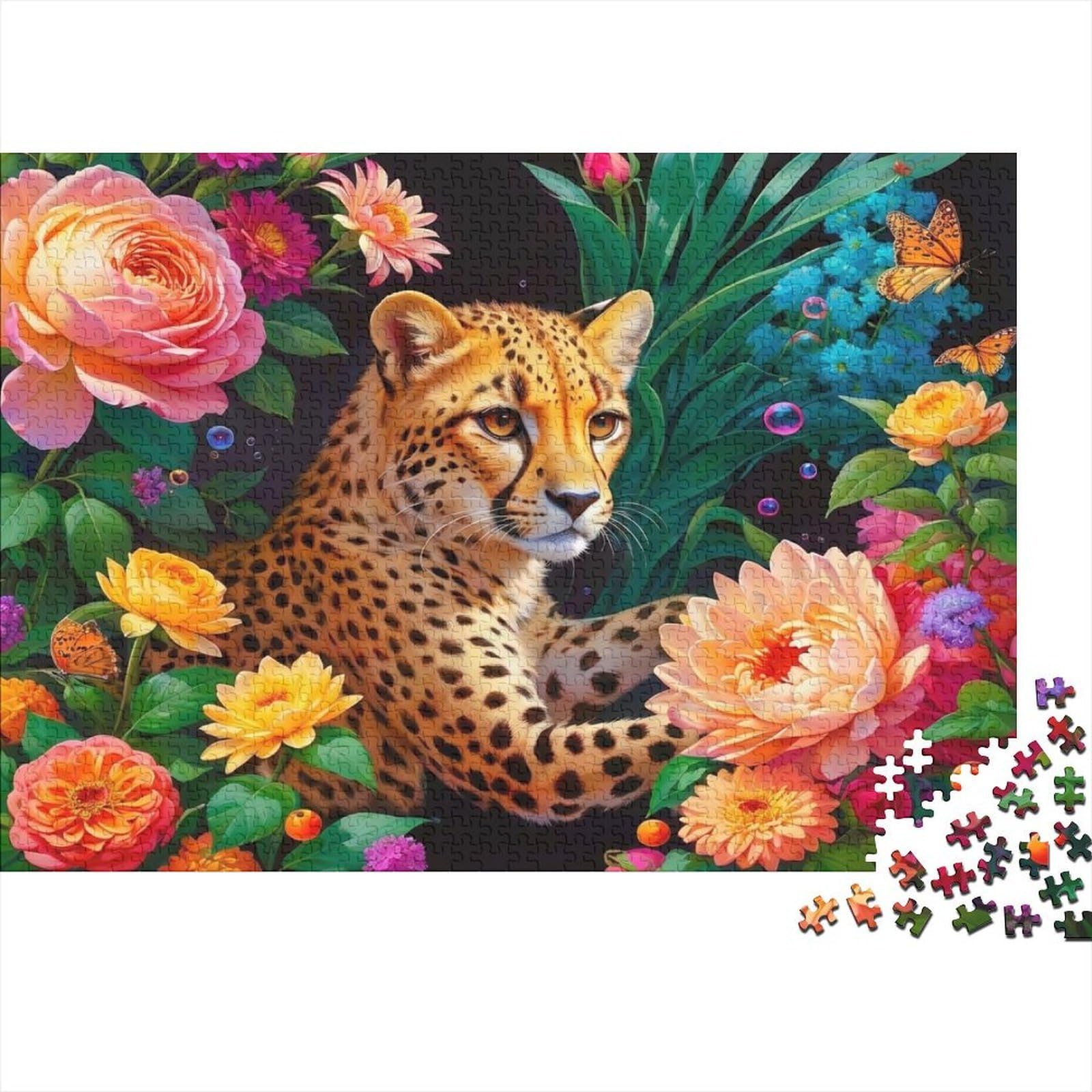 Leopard in Flowers 1000 Piece Jigsaw Puzzle Paper for Adults Floral Pattern Relax Home Gift 52x38cm/1000pcs — image 1