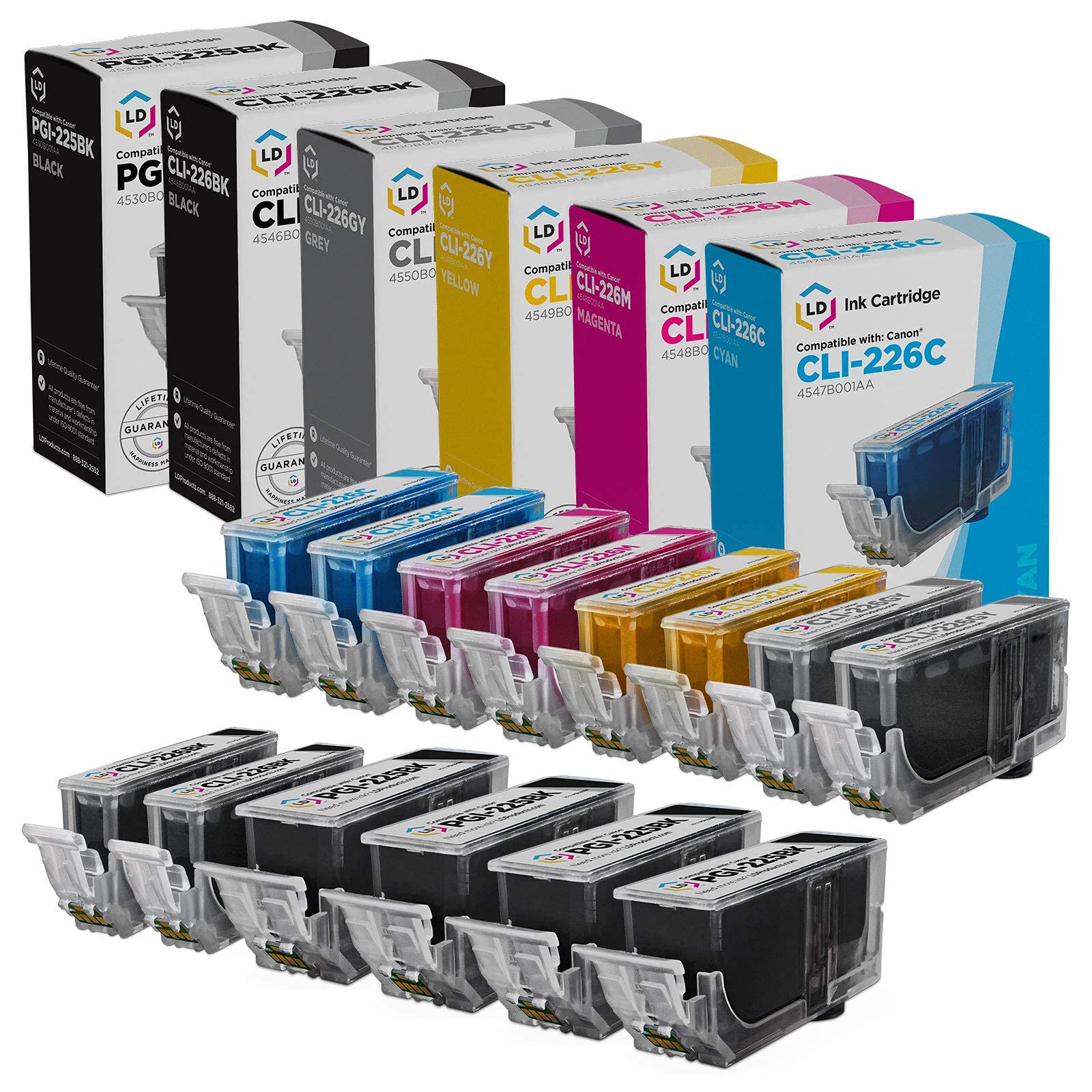 LD Compatible Ink Cartridge Replacements for Canon PGI-225 & CLI-226 (4 Pigment Black, 2 Dye Black, 2 Cyan, 2 Magenta, 2 Yellow, 2 Gray, 14-Pack)