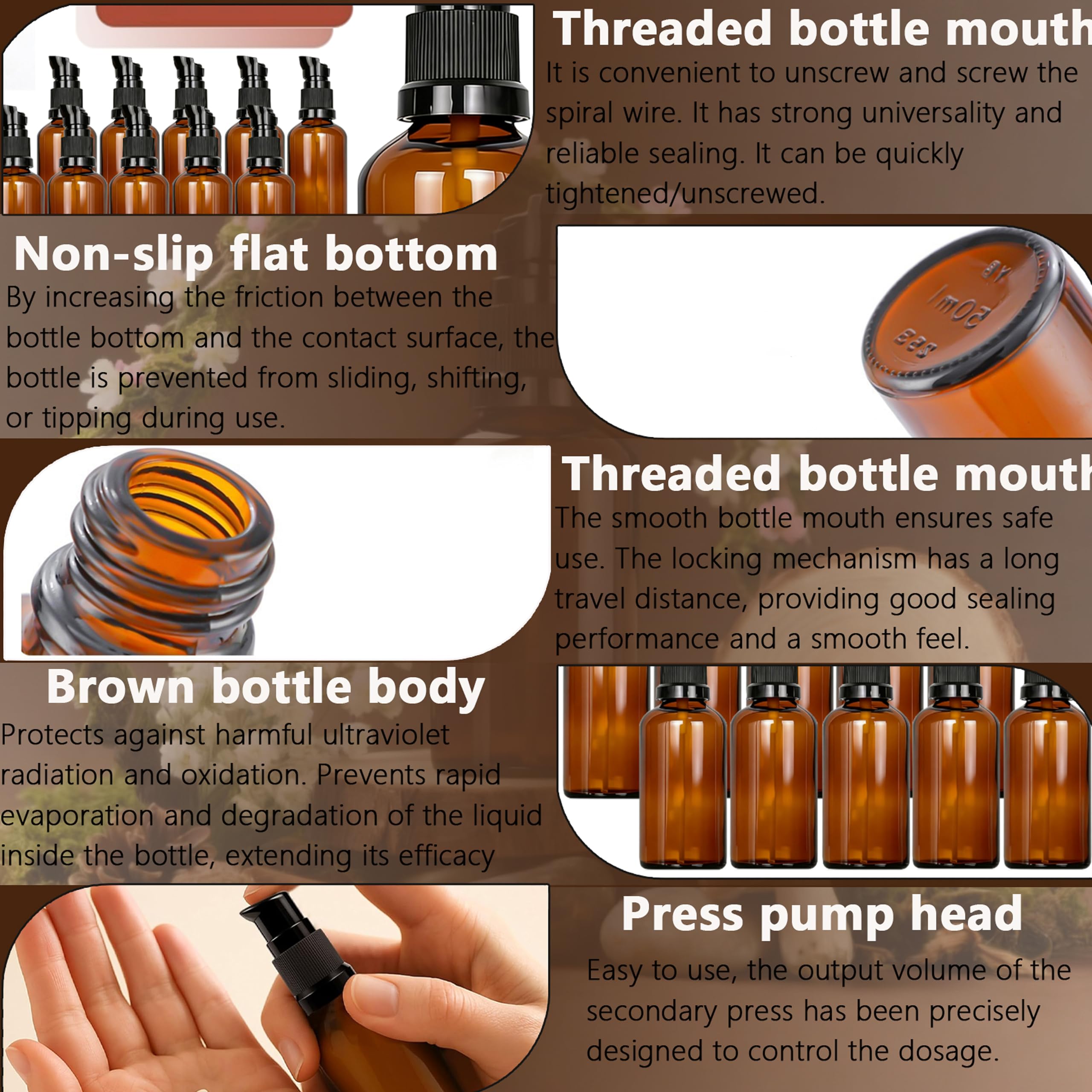 10 pezzi 50 ml Flaconi Vuoti per Oli Essenziali, Flaconi Vuoti in Vetro Ambrata con Pompa, Vetro Marrone Bottiglie da Viaggio, Protezione UV, Ambra, per Cosmetici, Lozioni, Oli Essenziali