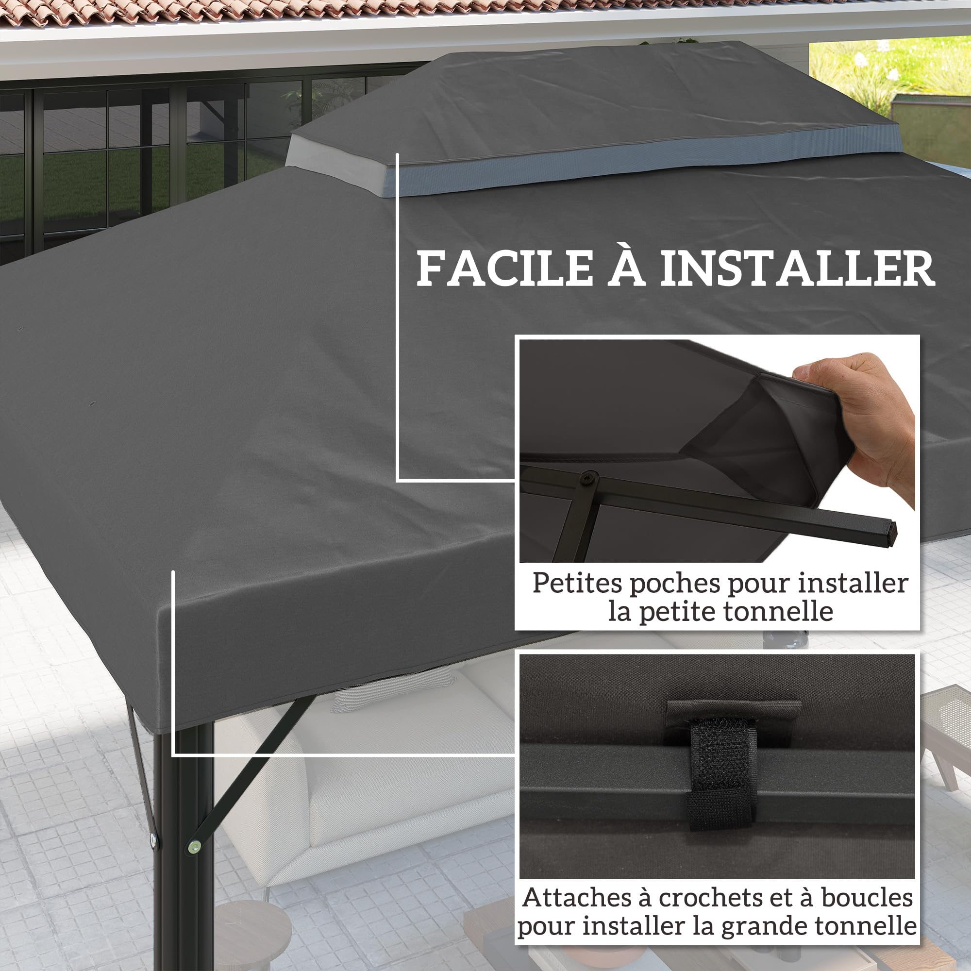 Outsunny Toile de Rechange pour Pavillon 4x3 m, Toit Double, Polyester 370 g/m², UPF30+, Gris Foncé