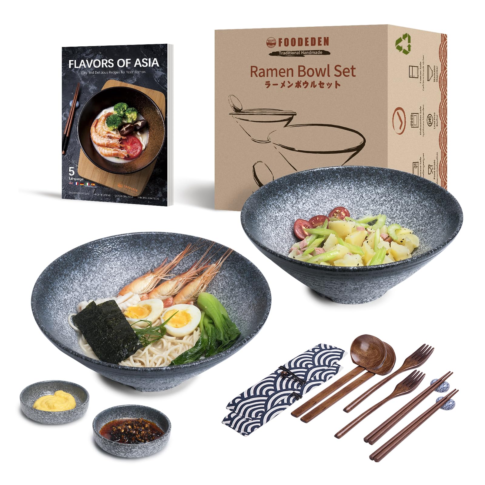 Ensemble de bols à ramen japonais avec cuillères et baguettes pour Pho, soupe, Udon et salade de 1800 ml, cadeau traditionnel en céramique fait à la main
