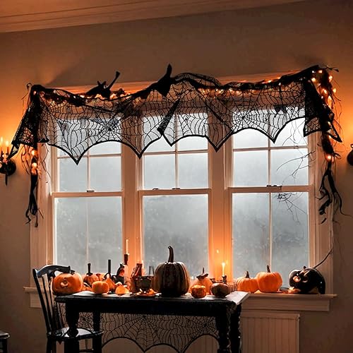 Miniatura 7 de Bufanda de Halloween para chimenea, 18 x 96 pulgadas, cubierta de encaje negro para decoración de Halloween, suministros de fiesta festiva