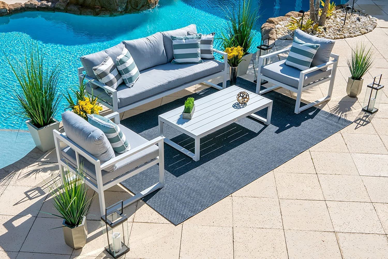AUTHENTIC INTERNATIONAL 4 Piece Large Metal Outdoor Patio Furniture Conversation Sofa Set in White w/Three-seat Sofa, Two Armchairs, and Coffee Table-image-38