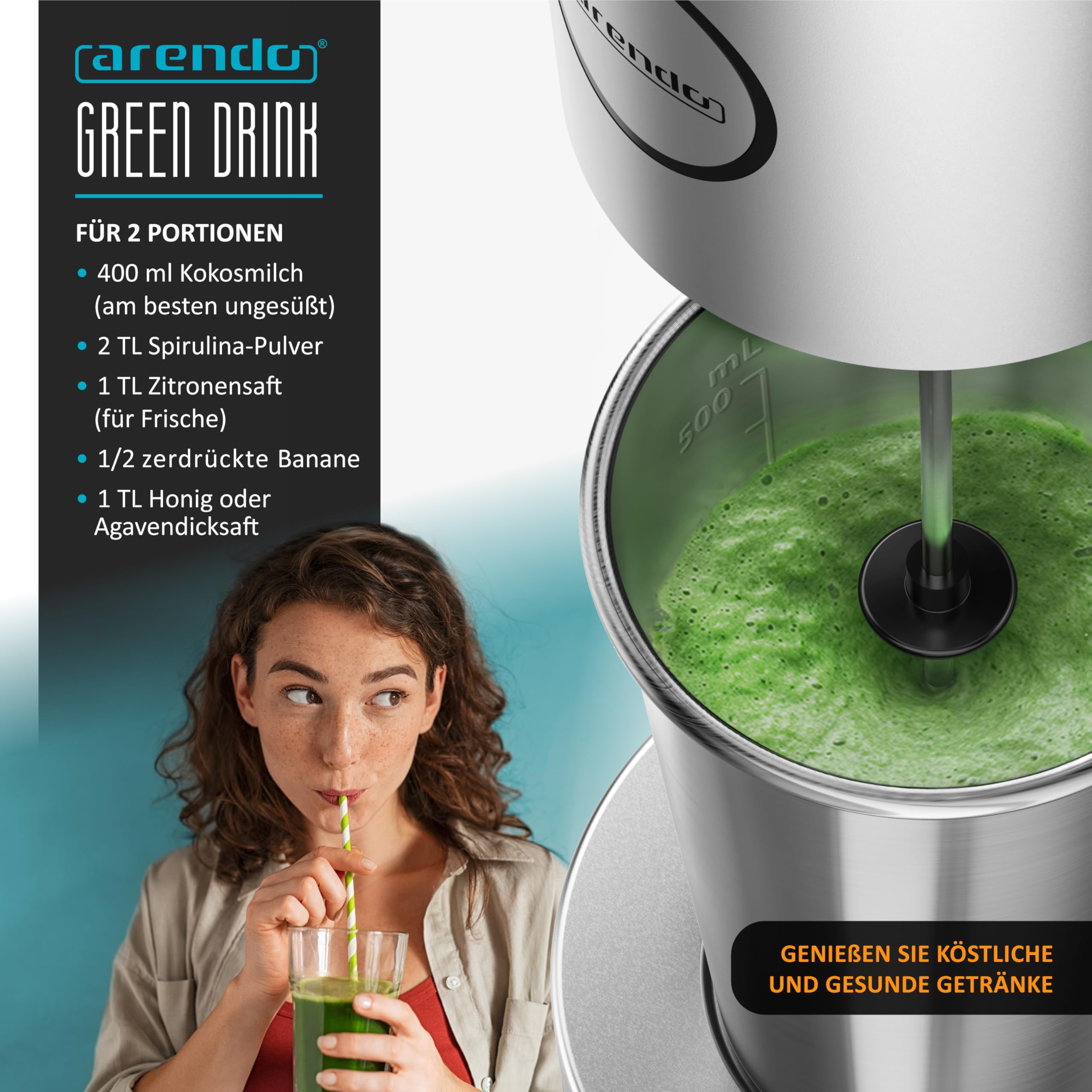 Arendo - Drink Mixer - Eiweiß Shaker - Getränkemixer - elektrischer Standmixer - 500 ml Becher - 22.000 U min - 2 Geschwindigkeitsstufen - Fitness Protein Drinks Smoothies Milchshakes Cocktails