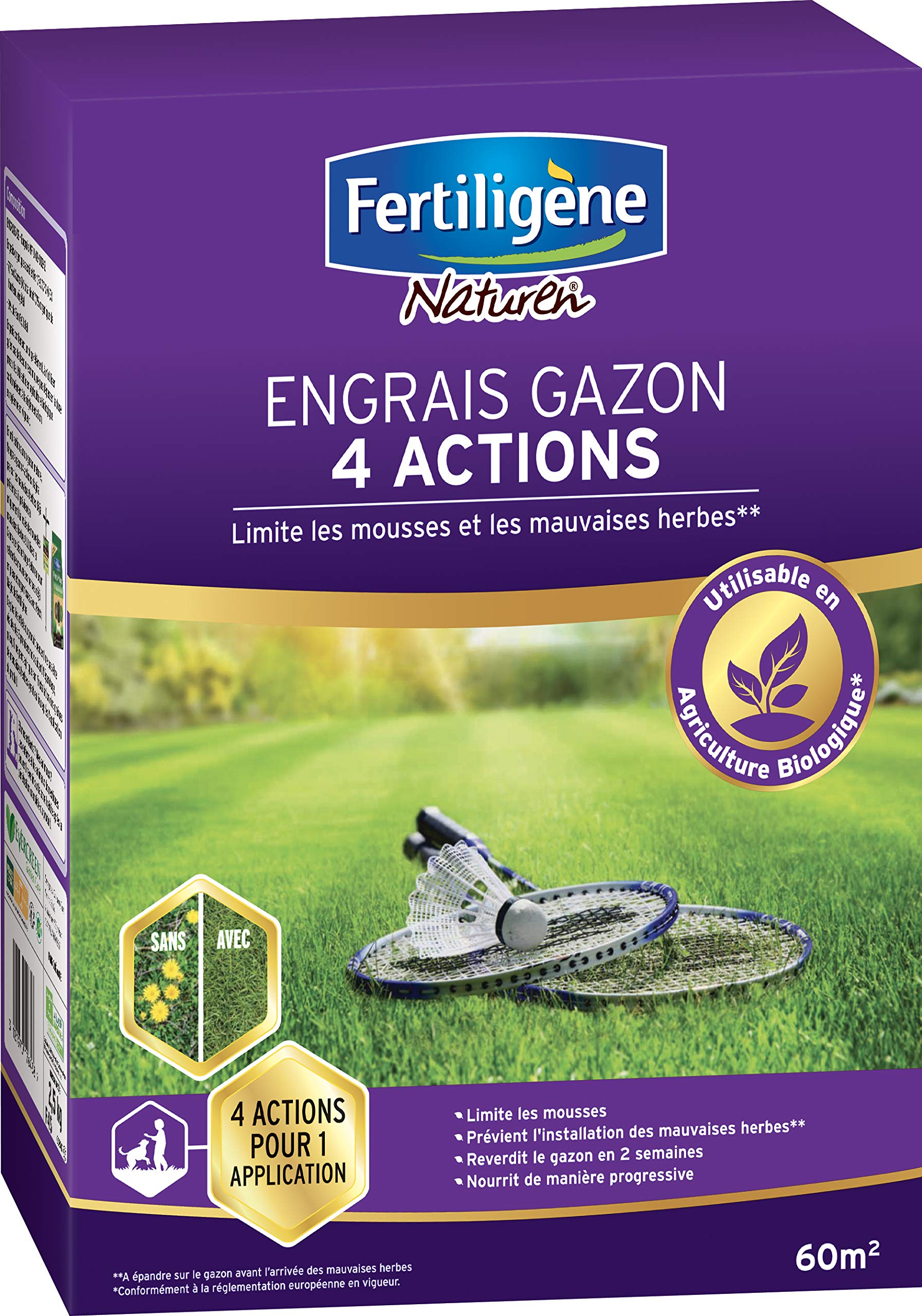 Fertiligene Gazon Super Résistant Label Rouge, 80m² & Engrais Gazon 4 Actions, 2,45kg, 60m²
