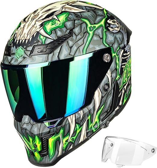 ILM Motorcycle Helmets for Adult Men Women Full Face DOT ECE Powersports Dual Visor Street Racing Helmet with Pinlock Cascos para Motos Model MF509 (Day1 Green, M)