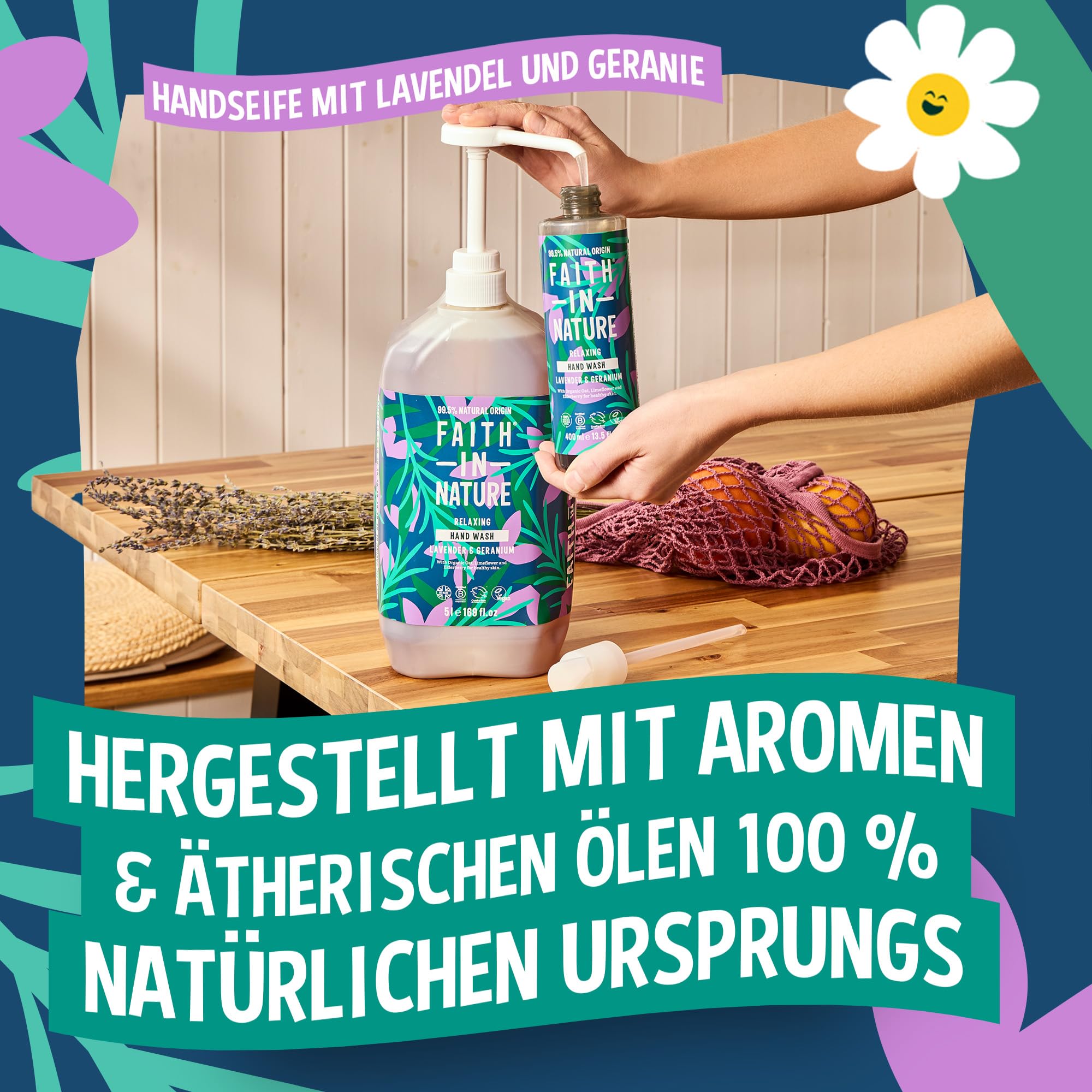 Faith In Nature Flüssige Handseife Lavendel und Geranie, Entspannend, Vegan und Tierversuchsfrei, Ohne SLS oder Parabene, 5 L Nachfüllpack