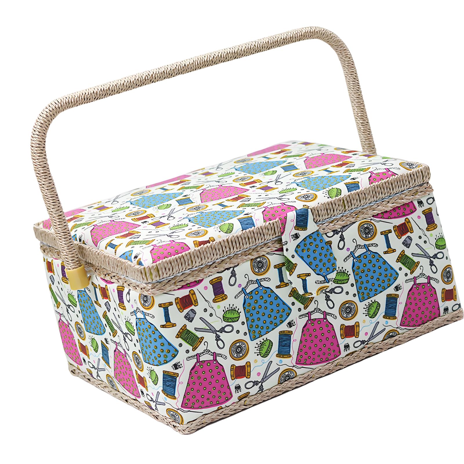 PANGBOER Spacious Shut Fabric Sewing Storage Container with Wooden Structure and Carrying Handle Wooden Thread Storage Box