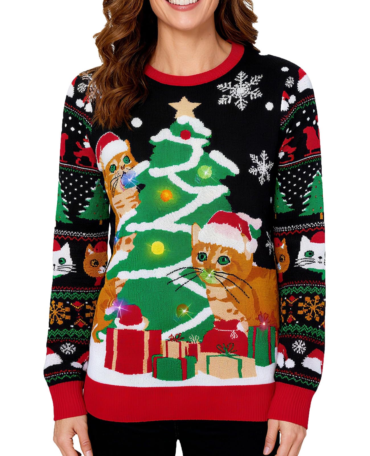 RAISEVERN Ugly Christmas Sweater for Women Light Up Knitted Pullover Xmas LED Long Sleeve Sweaters