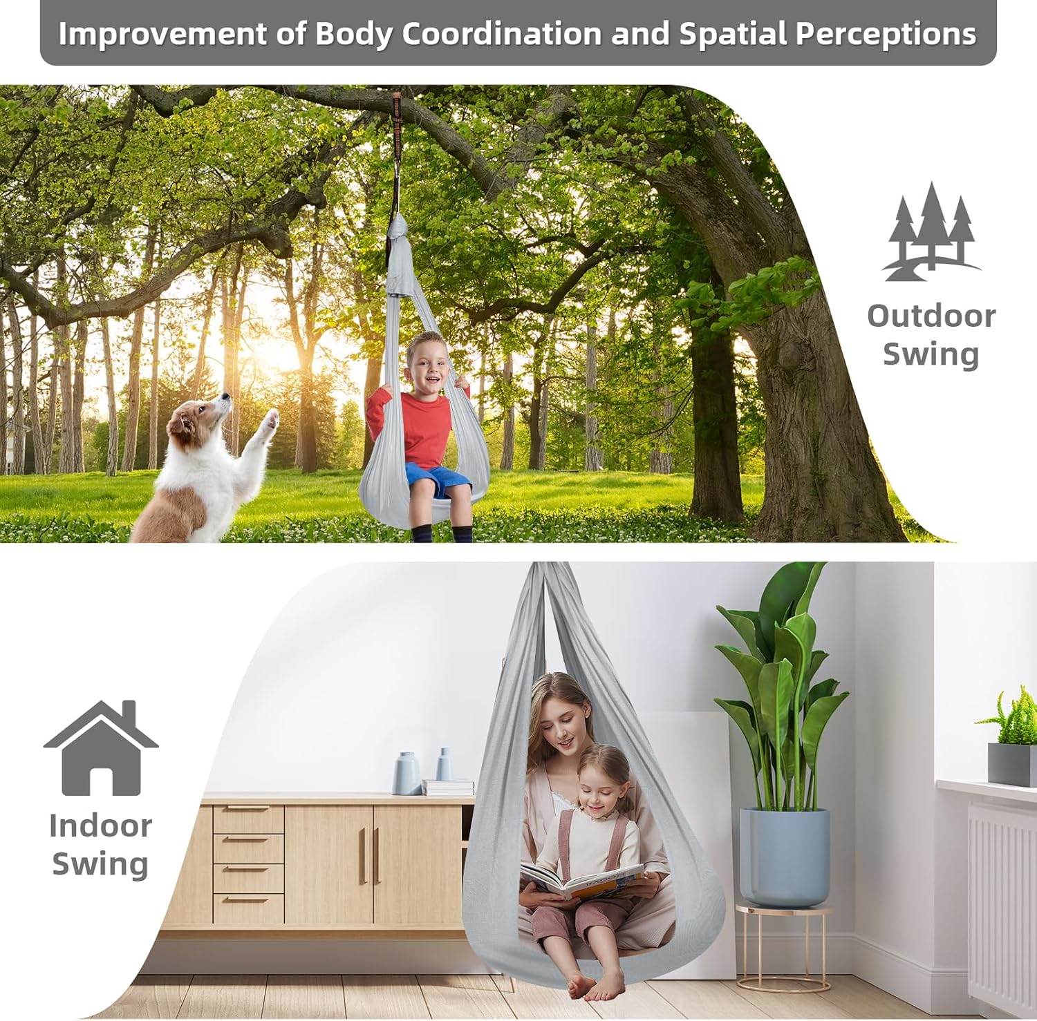 Sensory Joy Swing for Kids, Elastic and Soft Fabric Therapy Swing for Autism, ADHD, Asperger – Indoor Outdoor Sensory Swing for Children, Cozy Cuddle Hammock Chair Autism Swings Indoor（Grey）