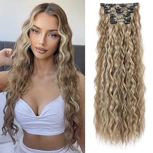 LONAI Extensiones de cabello con clip, 6 unidades, rizado, de 24 pulgadas de largo, sintético, postizo para mujer, marrón frío con reflejos rubios