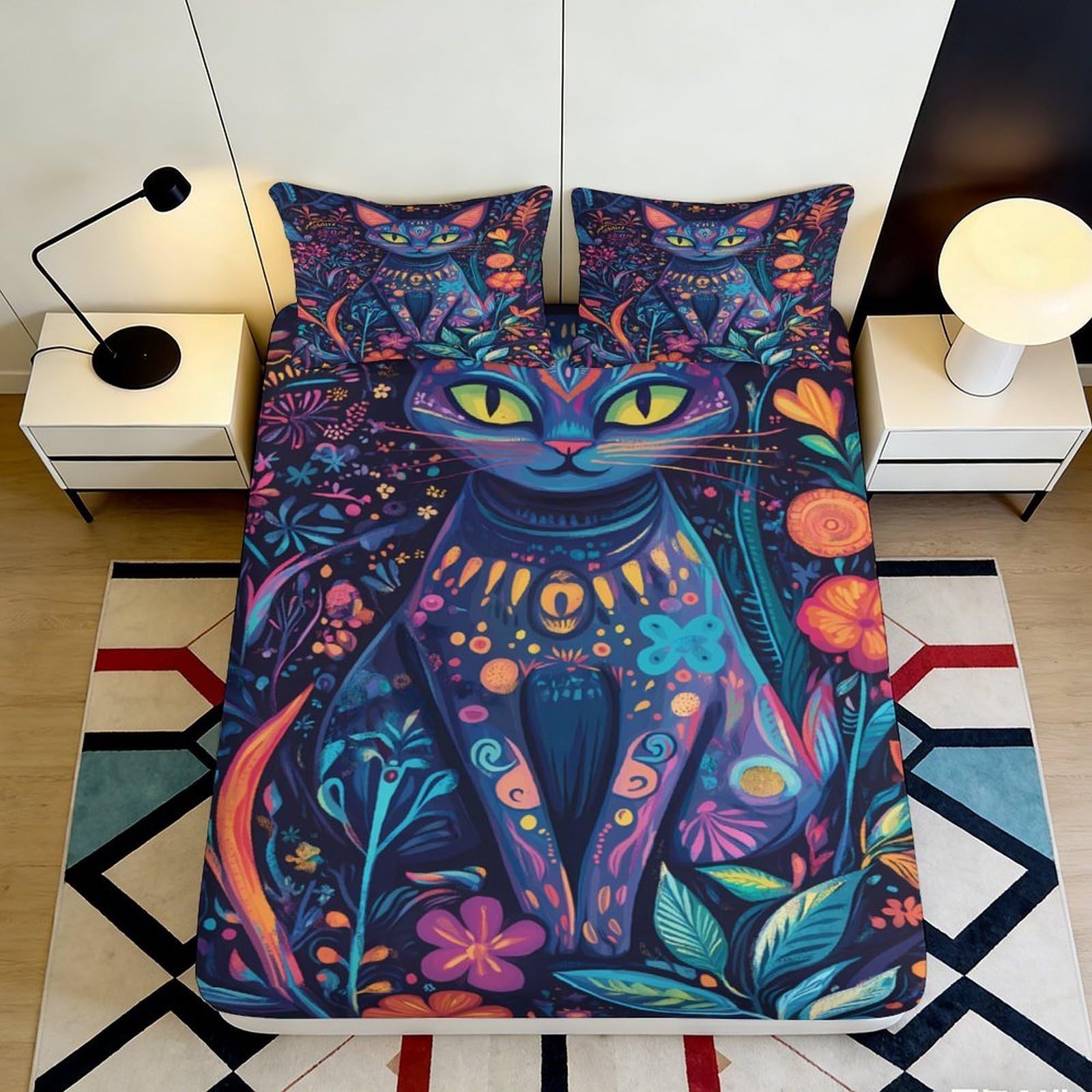 3D Printed Cat Fitted Sheet Microfiber Deep Pocket Non-Slip Bedroom Bedding Cat Mattress Fitted Cover Washable for All Ages 140x200x25cm