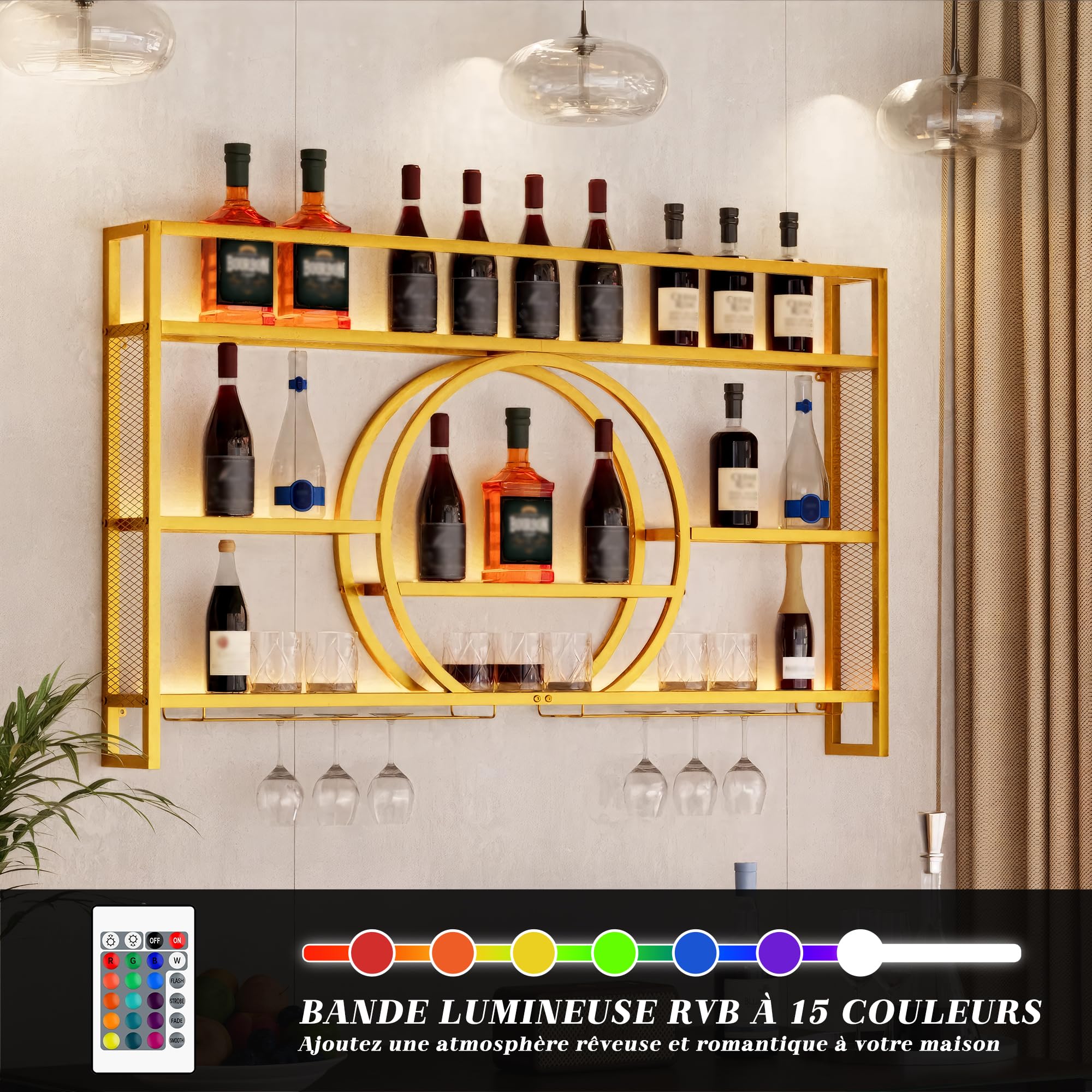UEV Porte-Verre à Vin en Métal 140cm, Porte Bouteille Mural Industriel, Casier à Vin, avec Lumière LED de 15 Couleurs, Range Bouteille Vin, pour Salle à Manger, Cuisine, Bar (Or, 140x15x80cm)